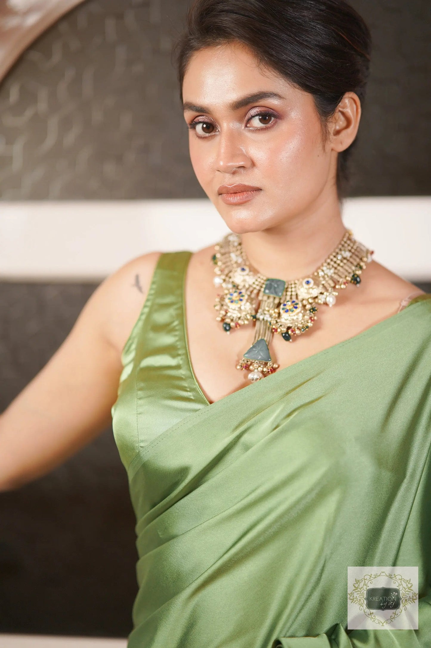 Moss Green Satin Silk Saree with Handmade Tassels on Pallu kreationbykj