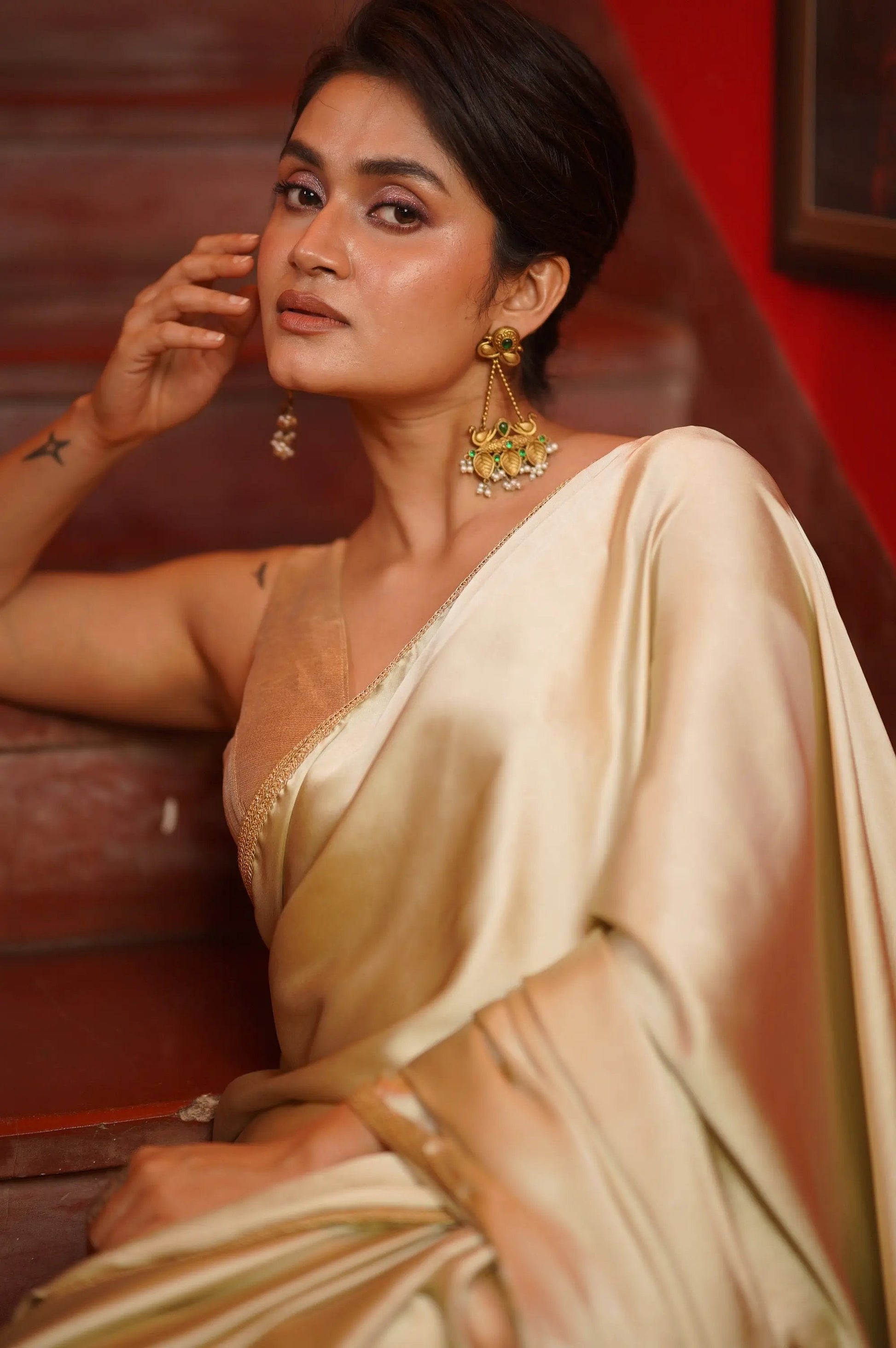 Mint Satin Saree With Golden Border kreationbykj