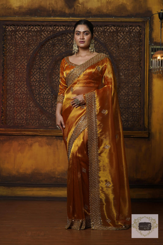 Fiery Gold Zari Tissue Zeenat Saree kreationbykj