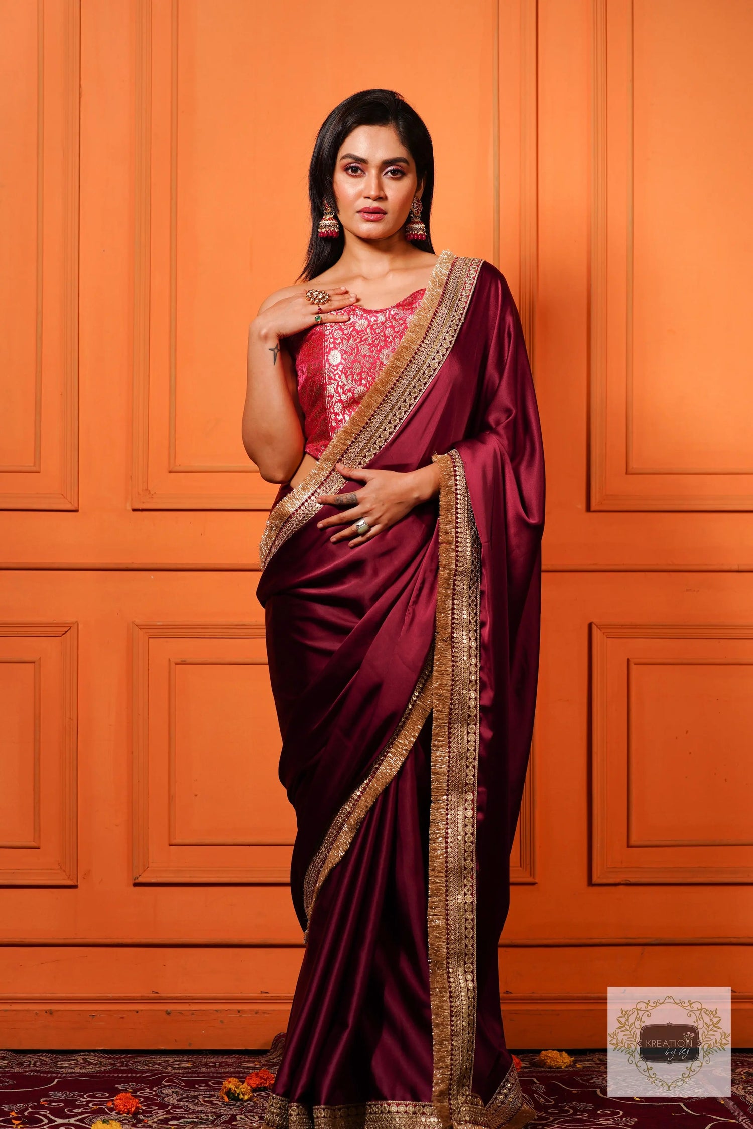 Wine Satin Silk Banno Saree kreationbykj