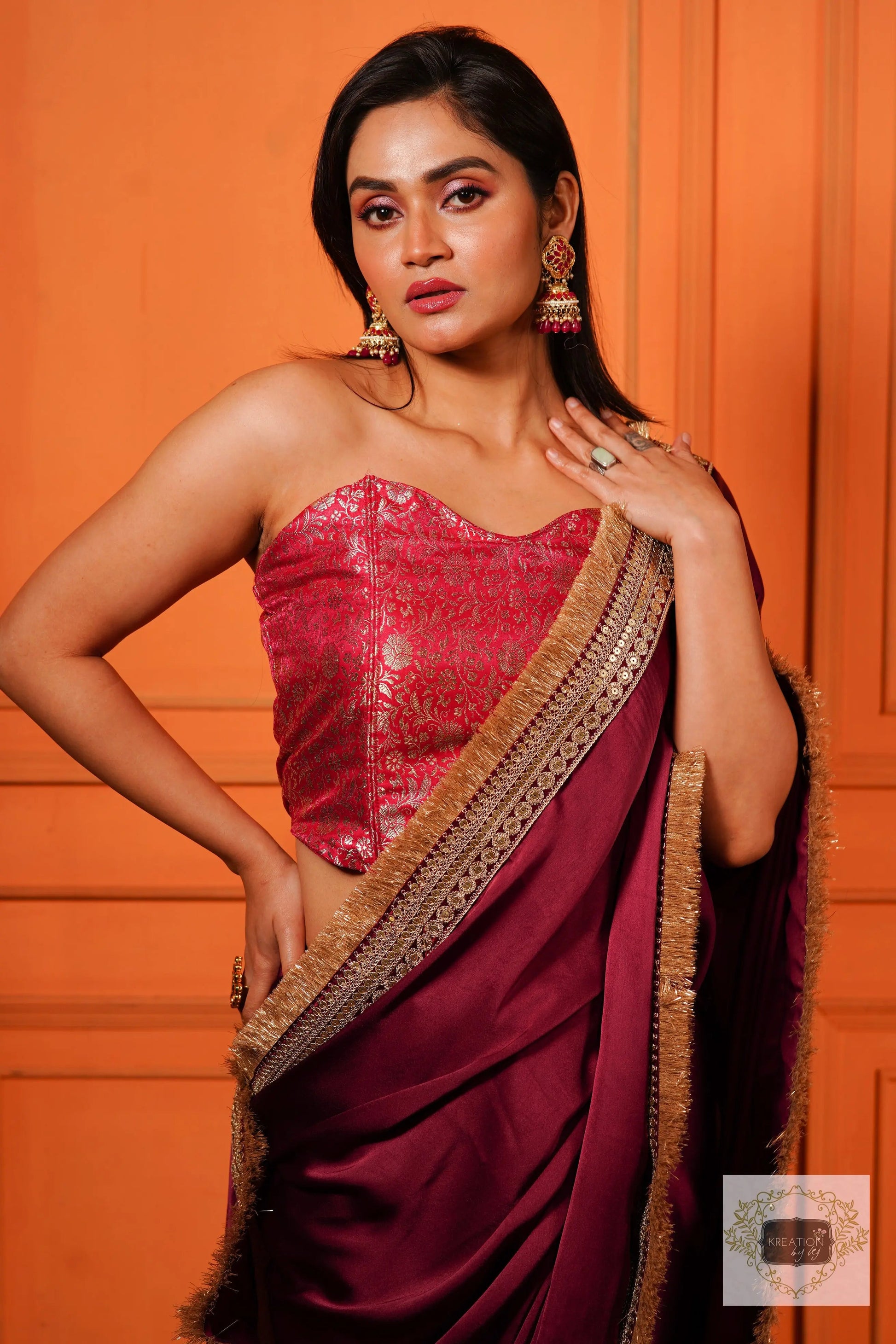 Wine Satin Silk Banno Saree kreationbykj