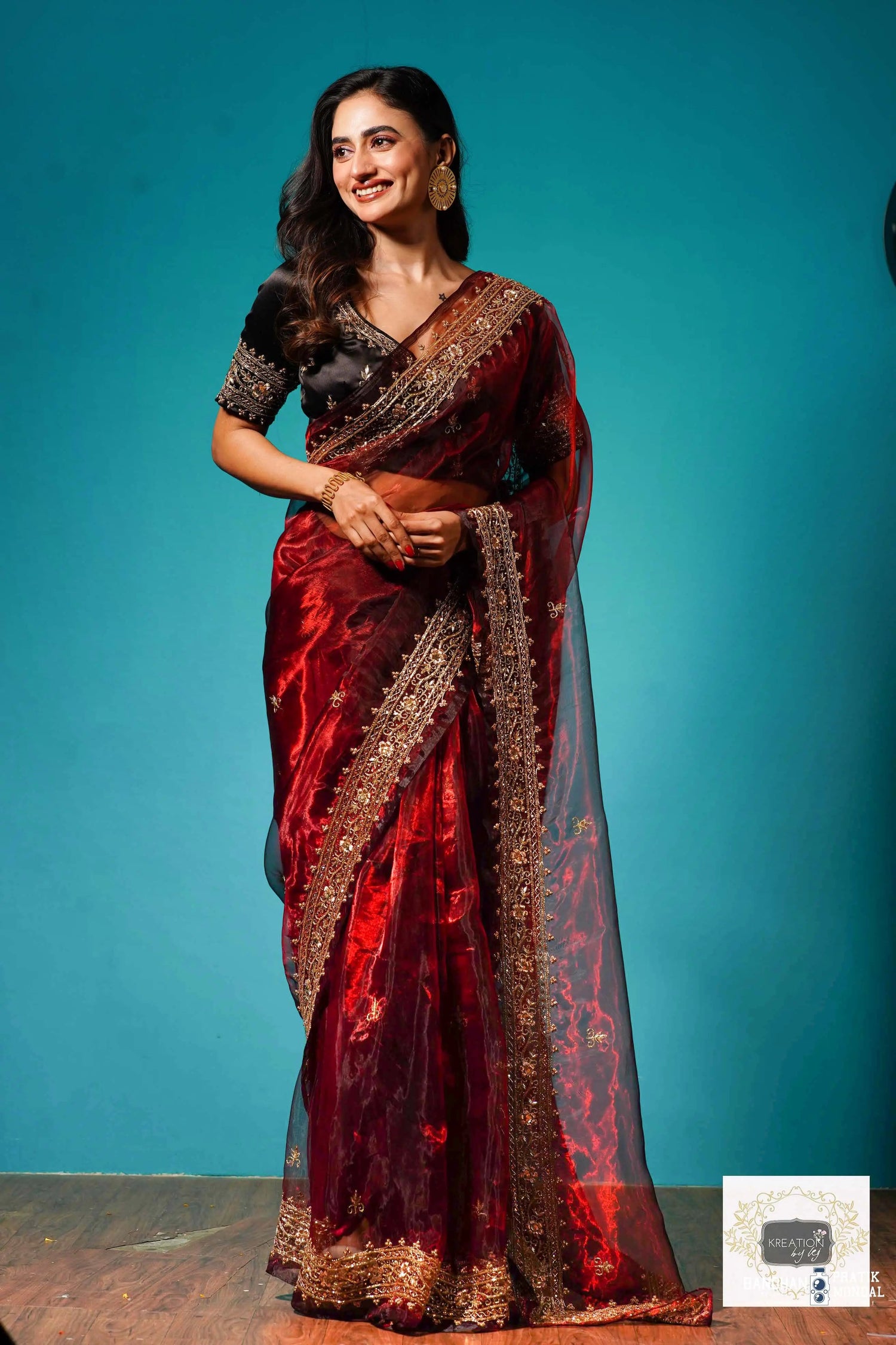 Maroon Glass Tissue Zarina Wedding Saree kreationbykj