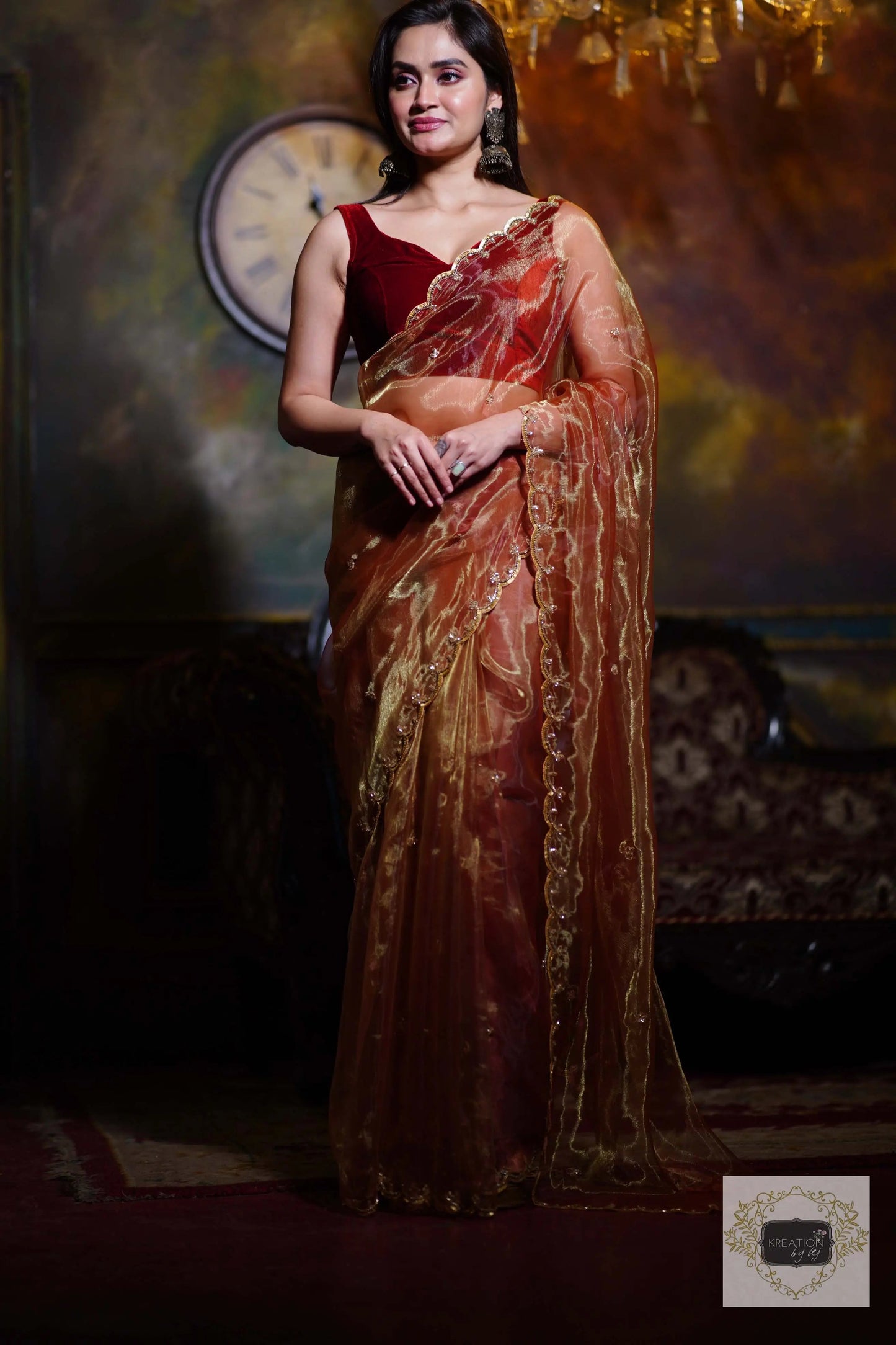 Golden Auburn Glass Tissue Piyali Saree kreationbykj