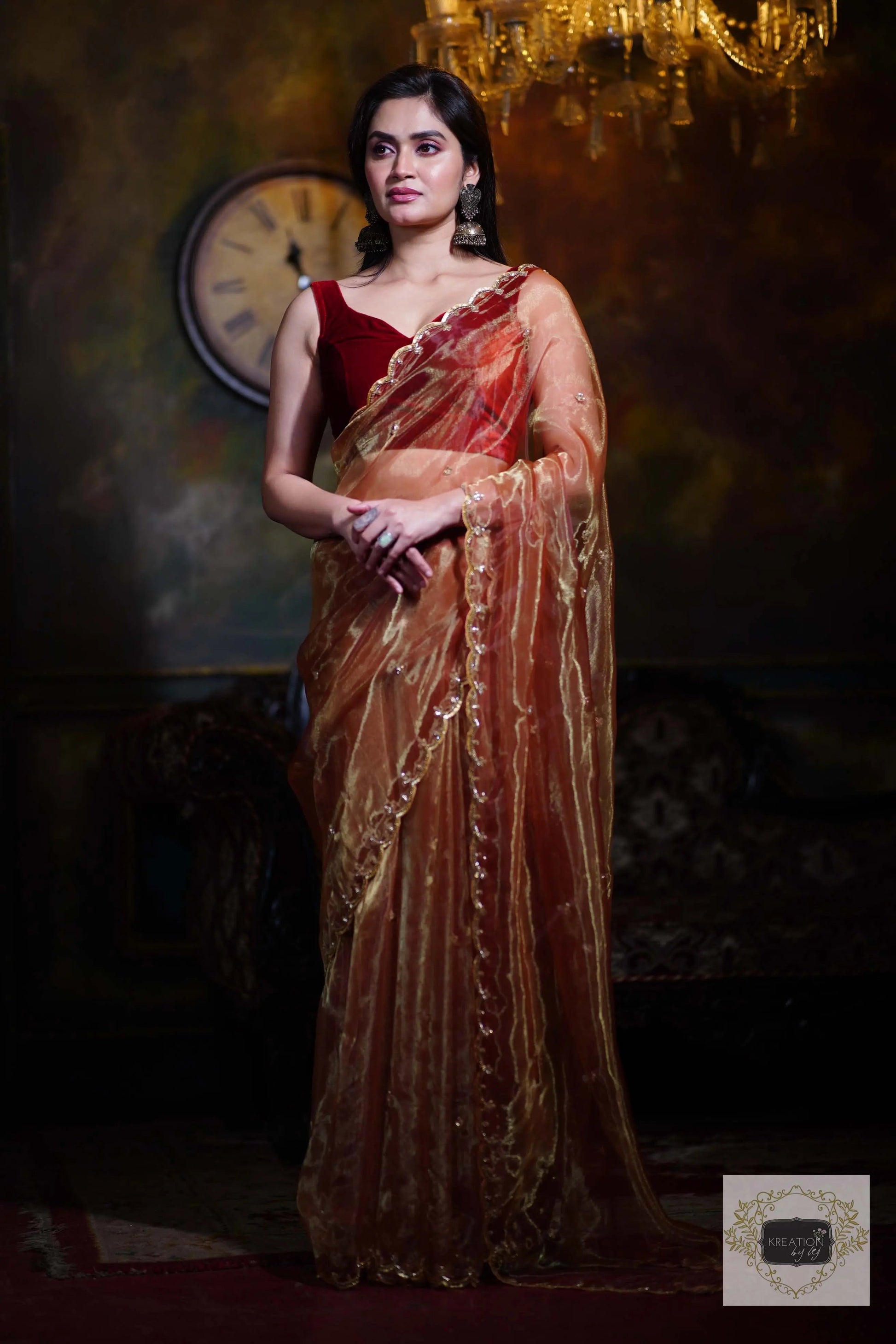 Golden Auburn Glass Tissue Piyali Saree kreationbykj