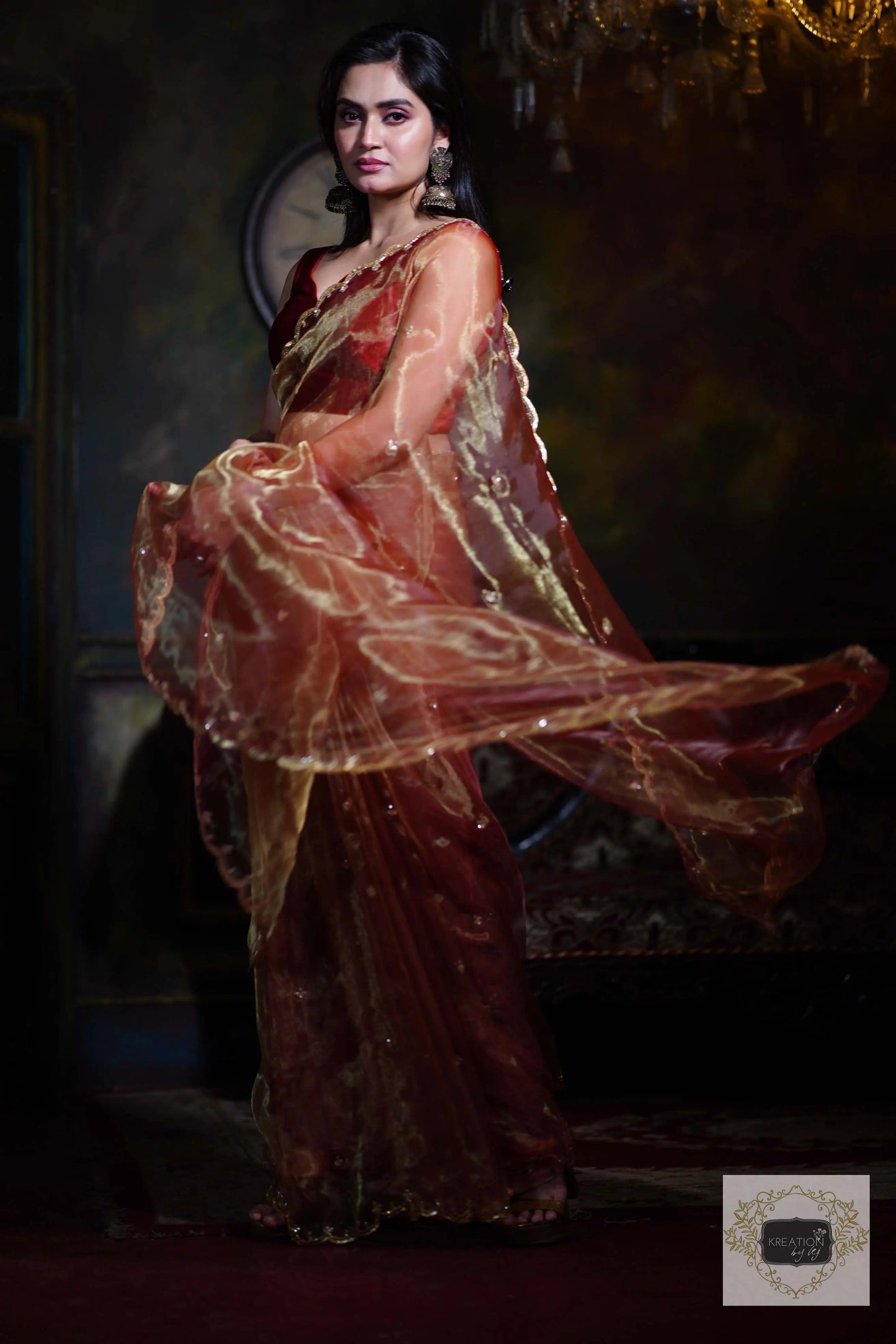 Golden Auburn Glass Tissue Piyali Saree kreationbykj