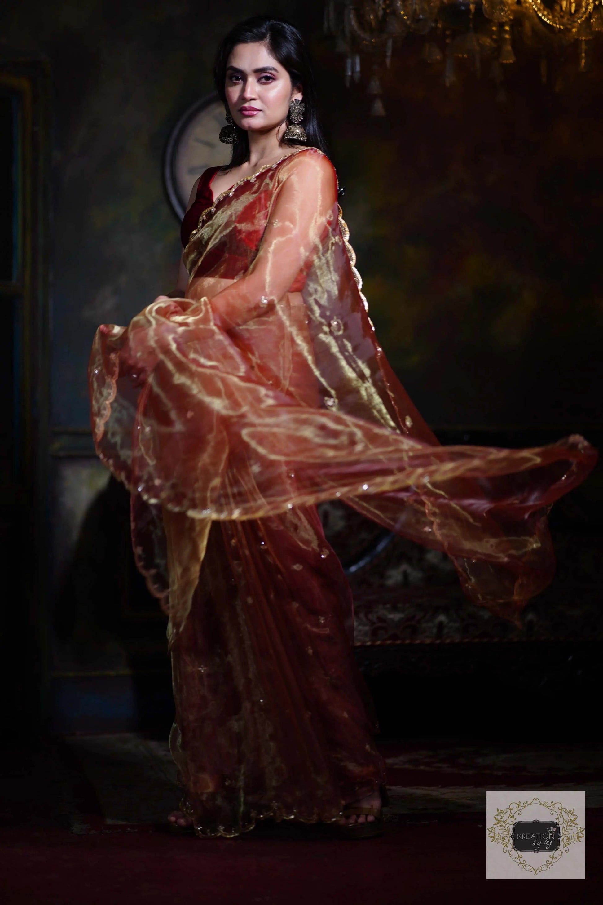 Golden Auburn Glass Tissue Piyali Saree kreationbykj