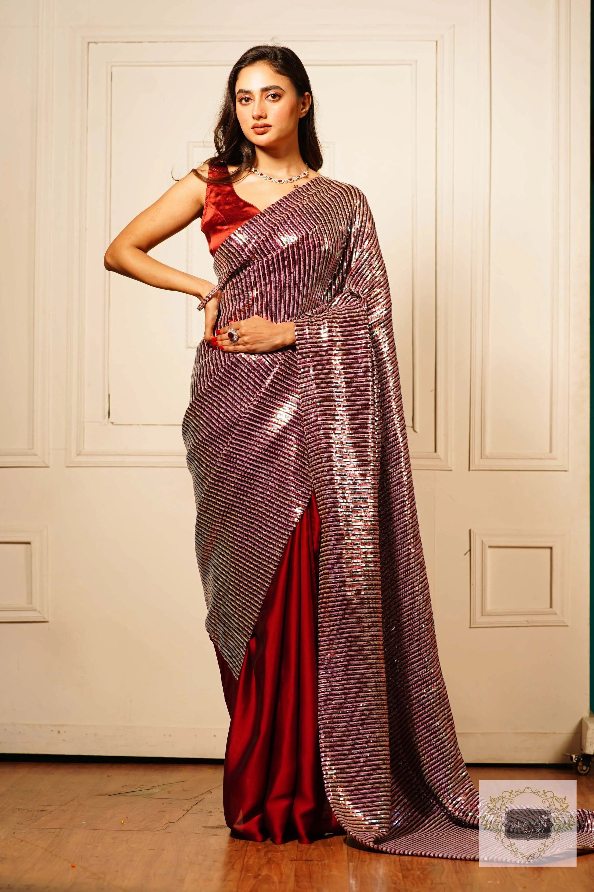 Dazzle Maroon Sequin Half Saree kreationbykj