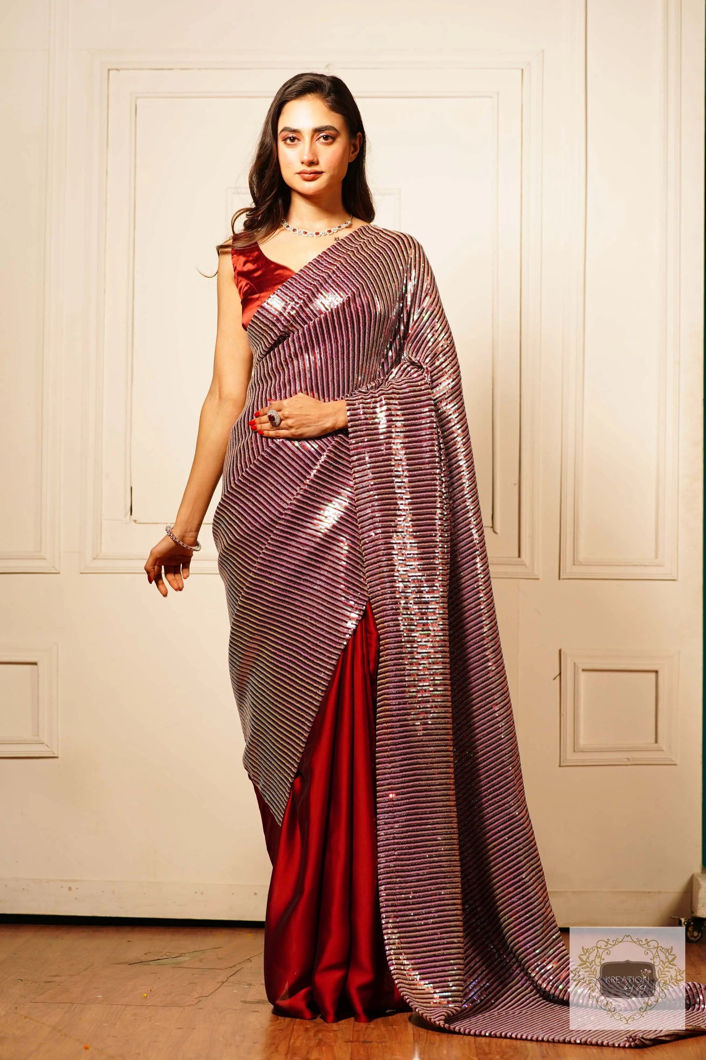 Dazzle Maroon Sequin Half Saree kreationbykj