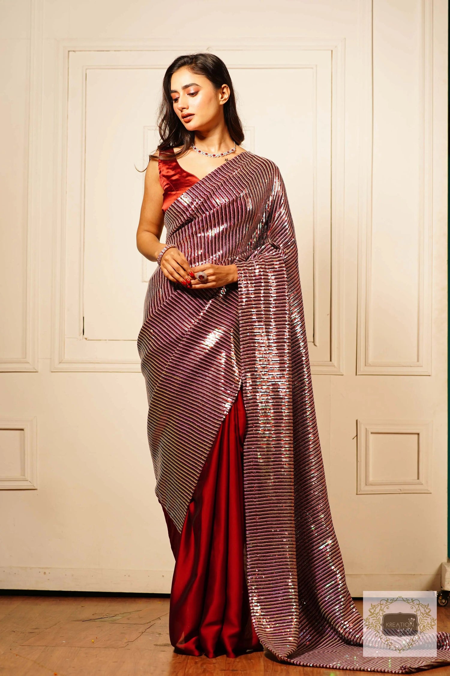 Dazzle Maroon Sequin Half Saree kreationbykj