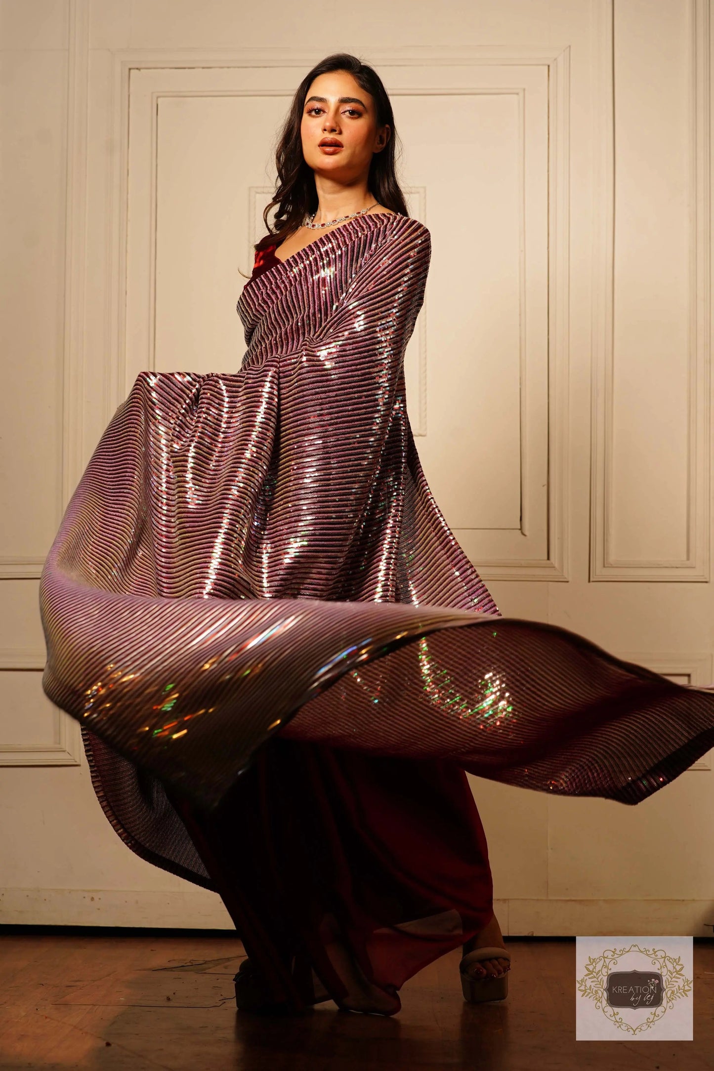 Dazzle Maroon Sequin Half Saree kreationbykj