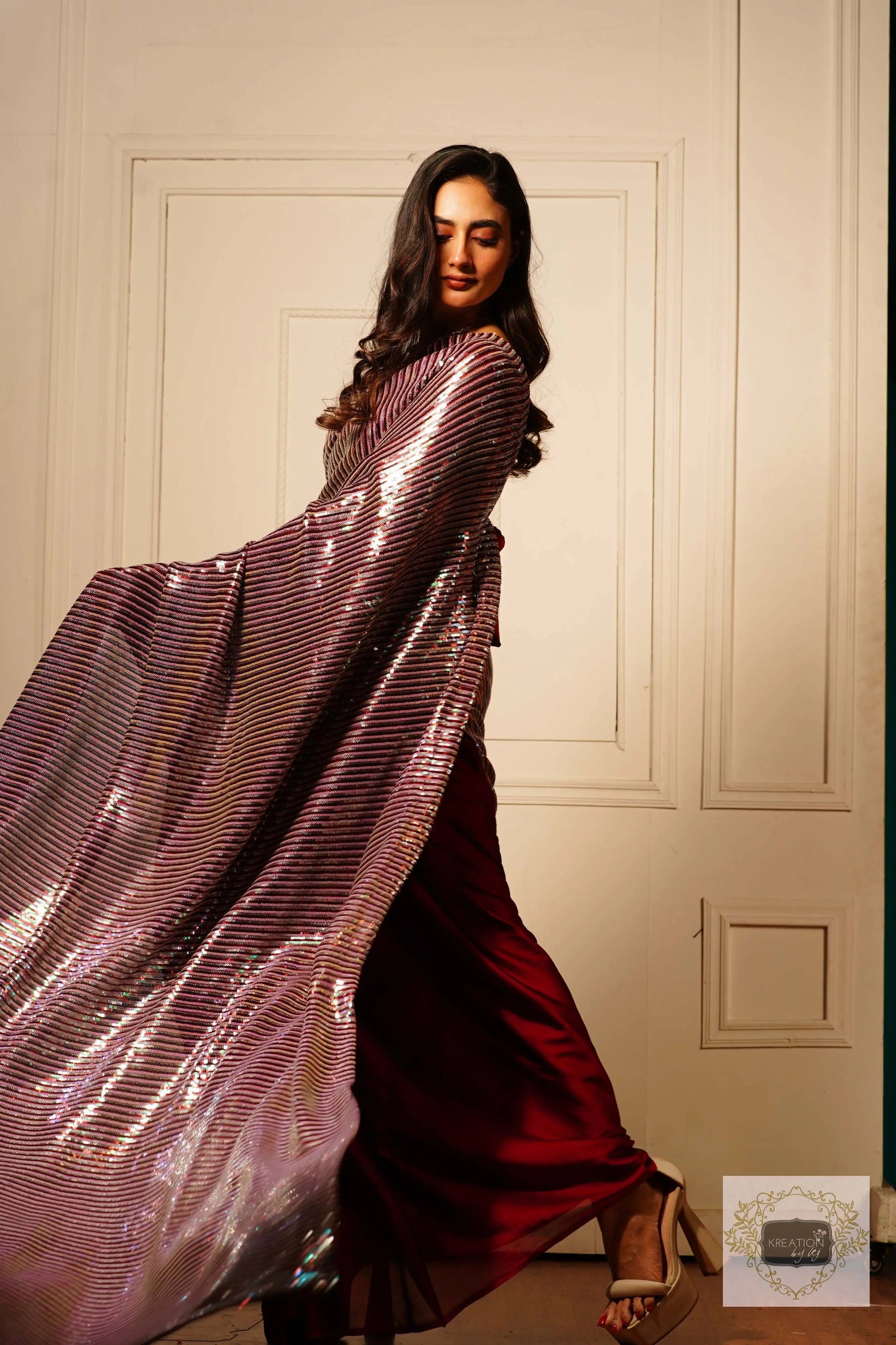 Dazzle Maroon Sequin Half Saree kreationbykj