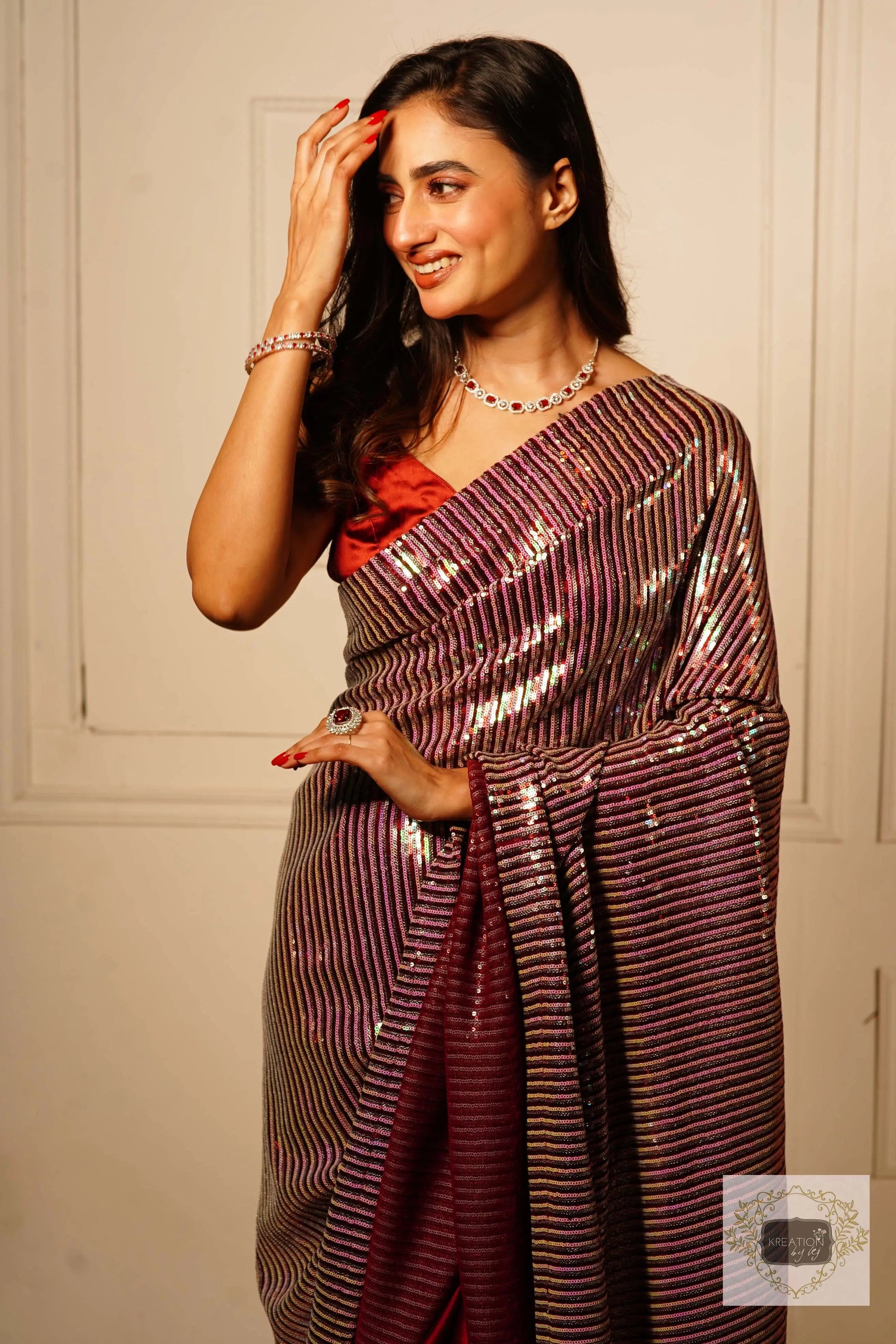 Dazzle Maroon Sequin Half Saree kreationbykj