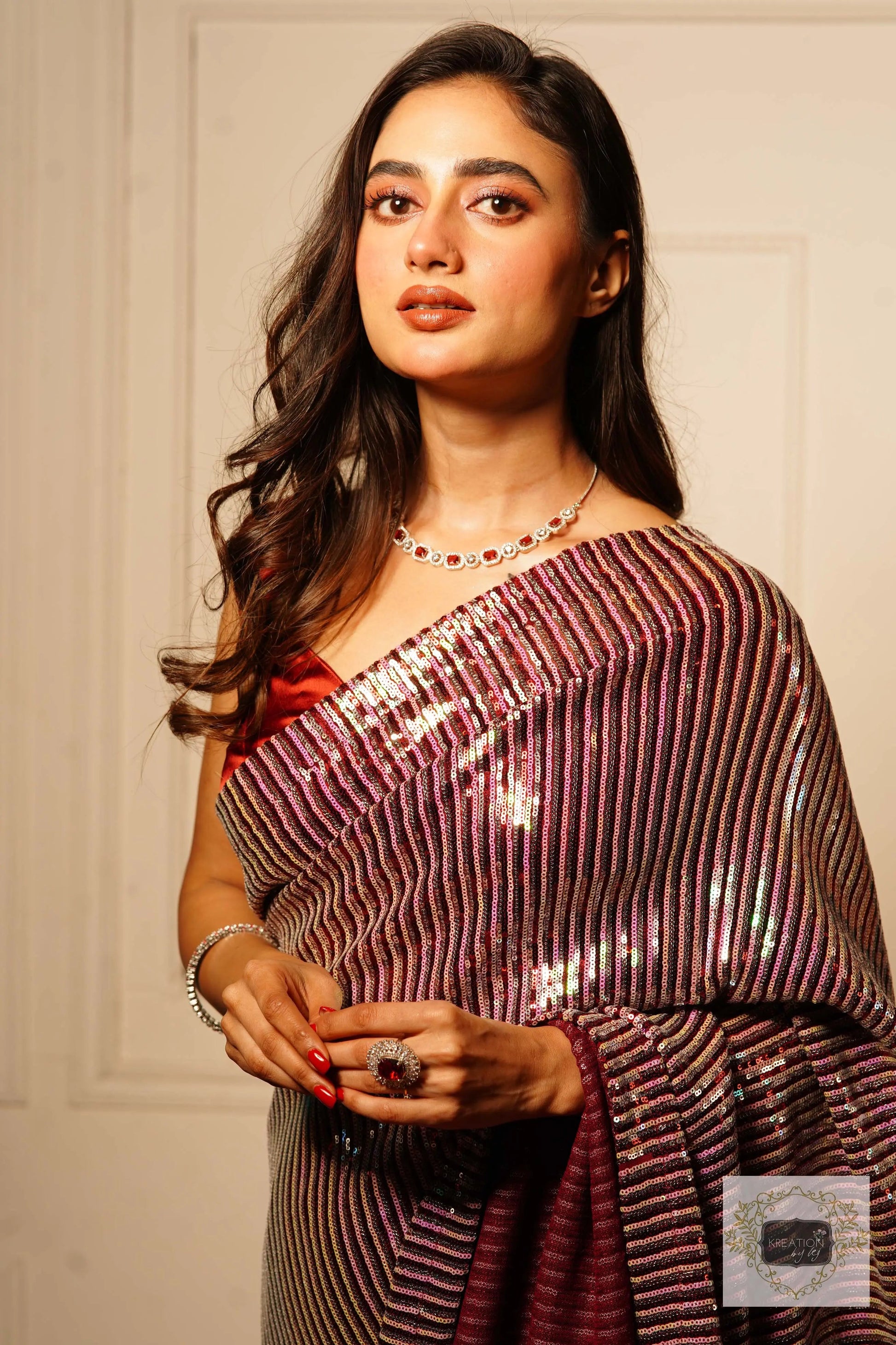 Dazzle Maroon Sequin Half Saree kreationbykj