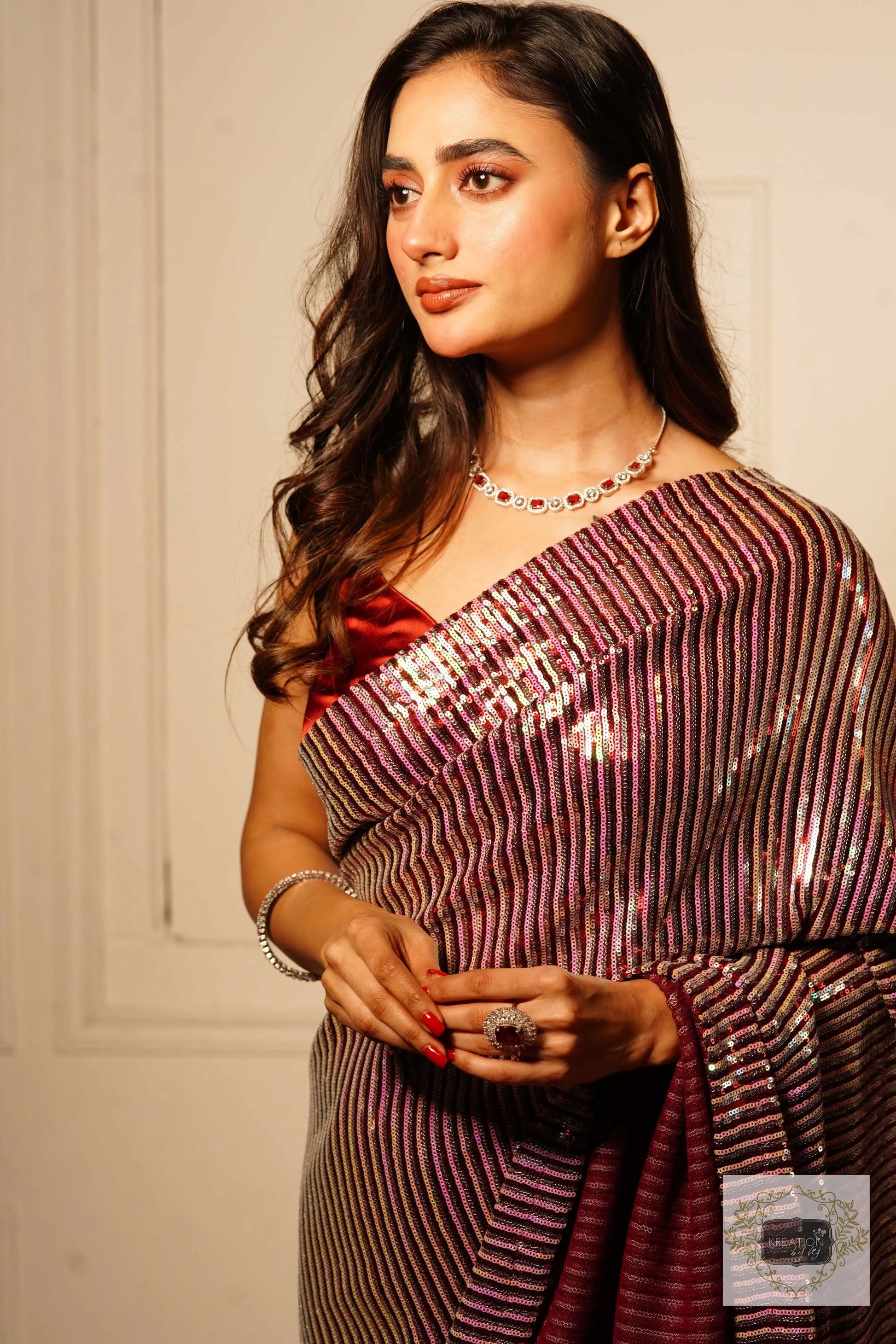 Dazzle Maroon Sequin Half Saree kreationbykj