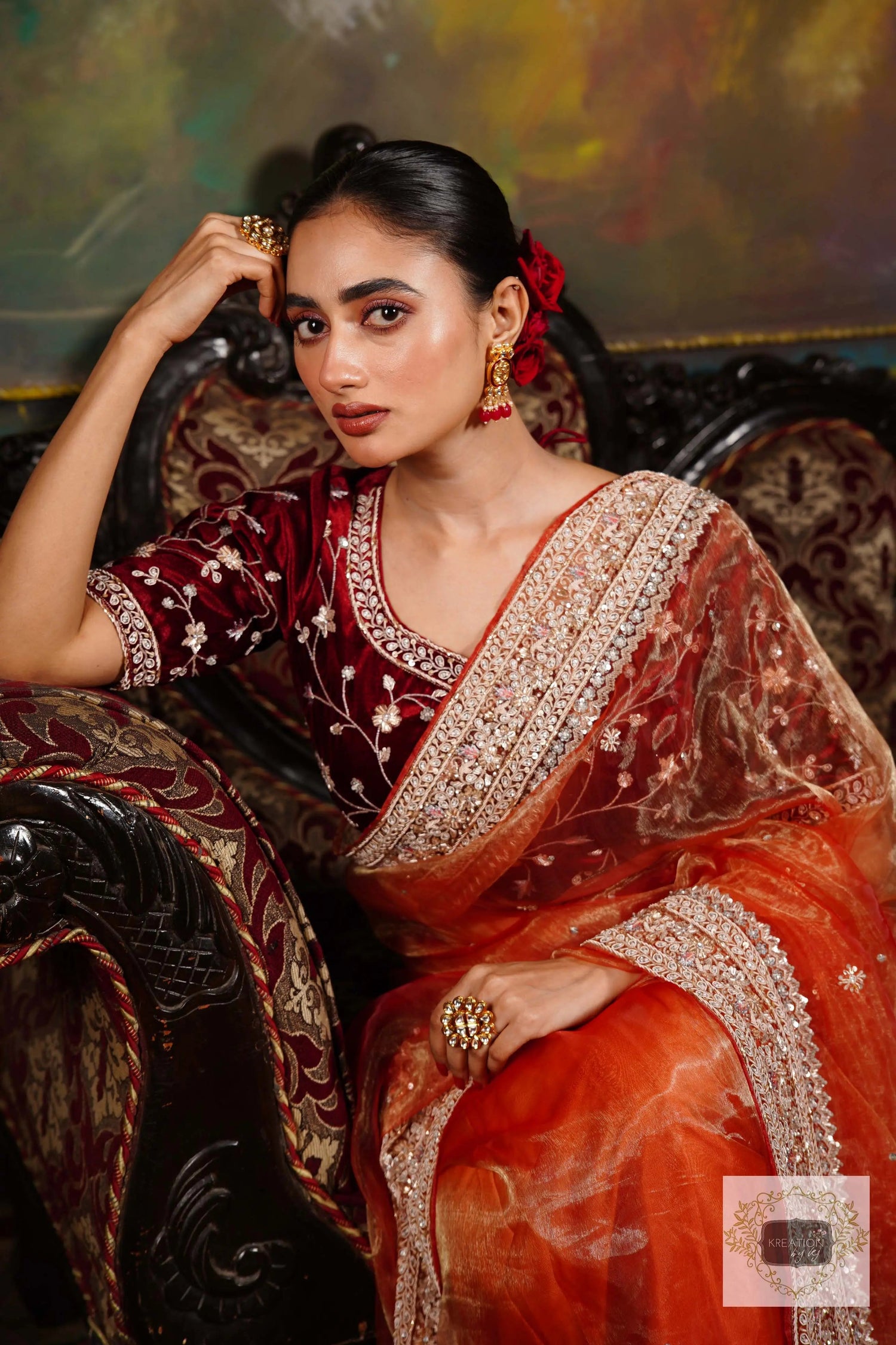 Nazakat Marigold Glass Tissue Bridal Saree kreationbykj