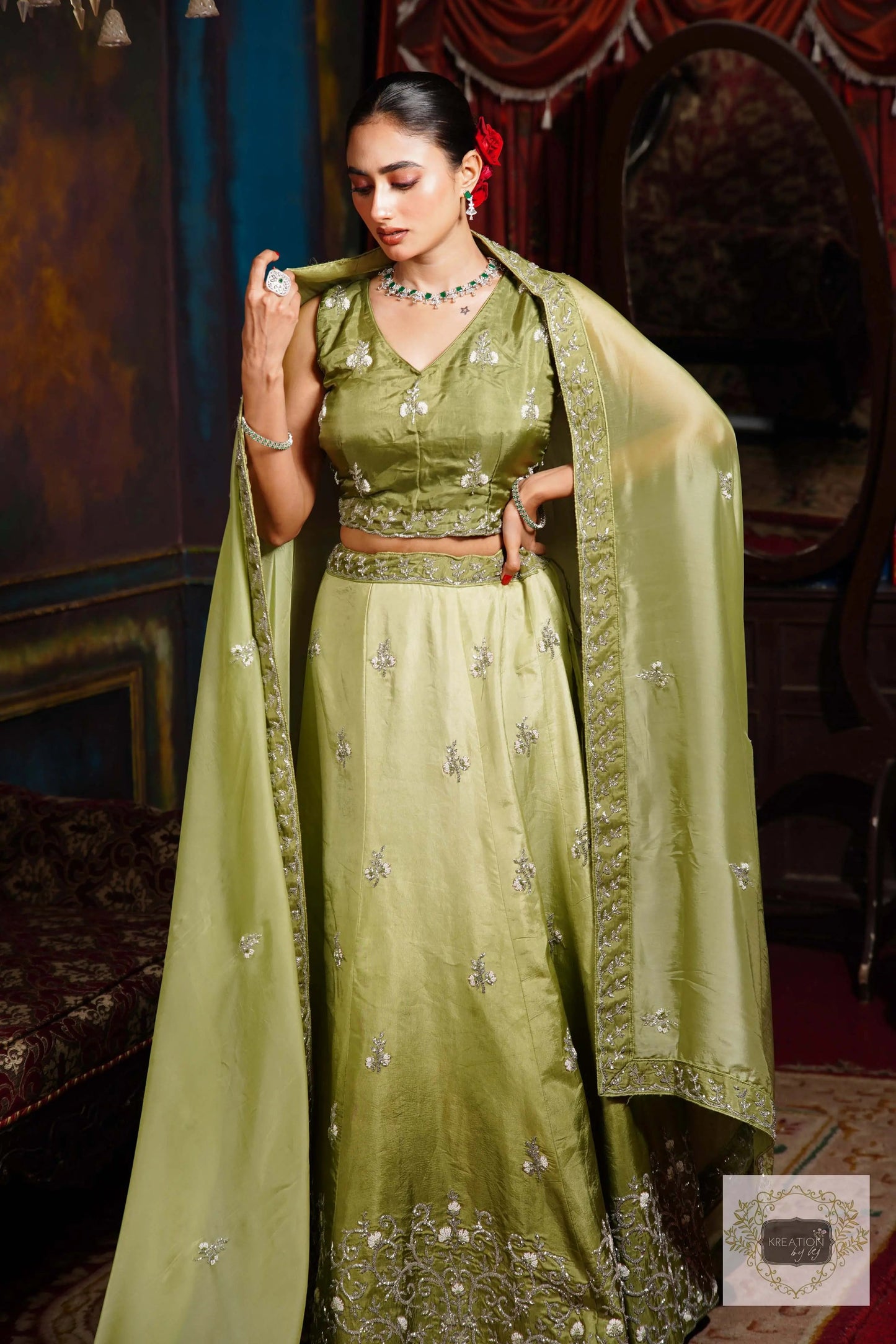 Pista Parfait Hand embroidered Lehenga Set kreationbykj