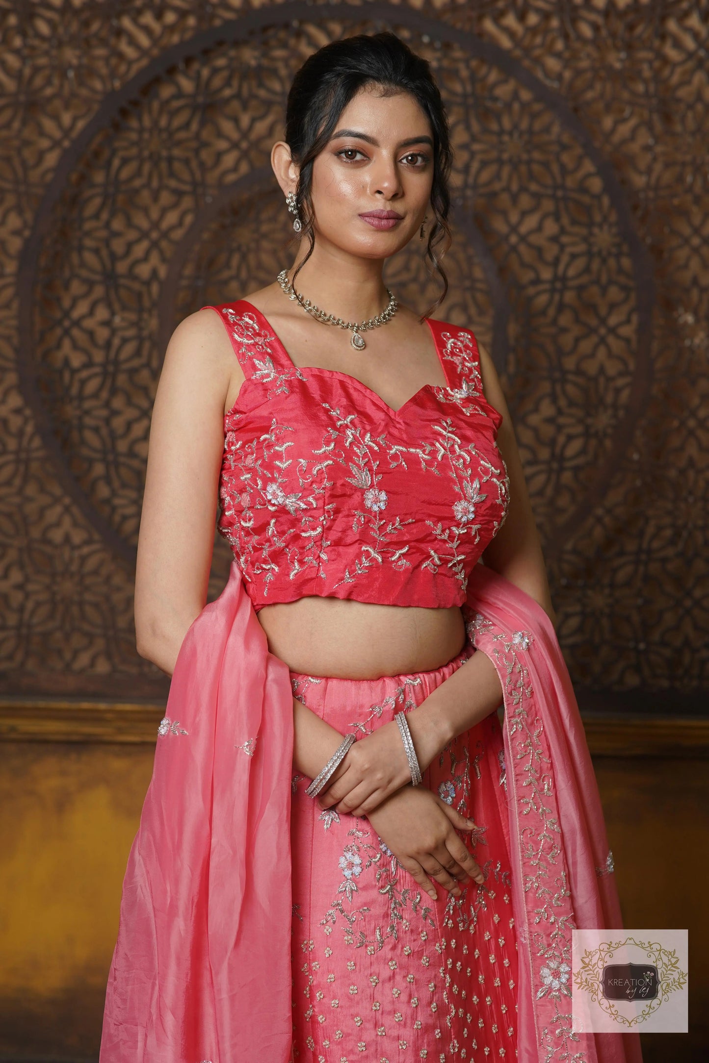 Coral Candy Handembroidered Lehenga Set kreationbykj