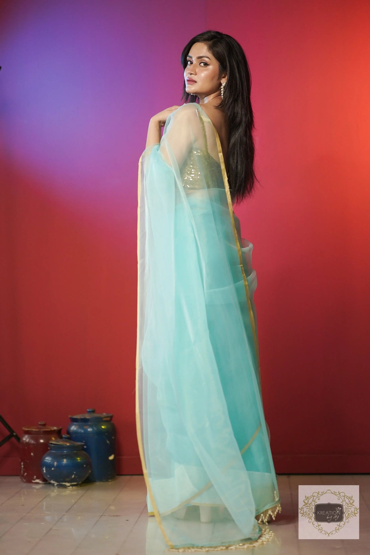 Ice Blue Organza Saree With Handmade Tassels On Pallu kreationbykj