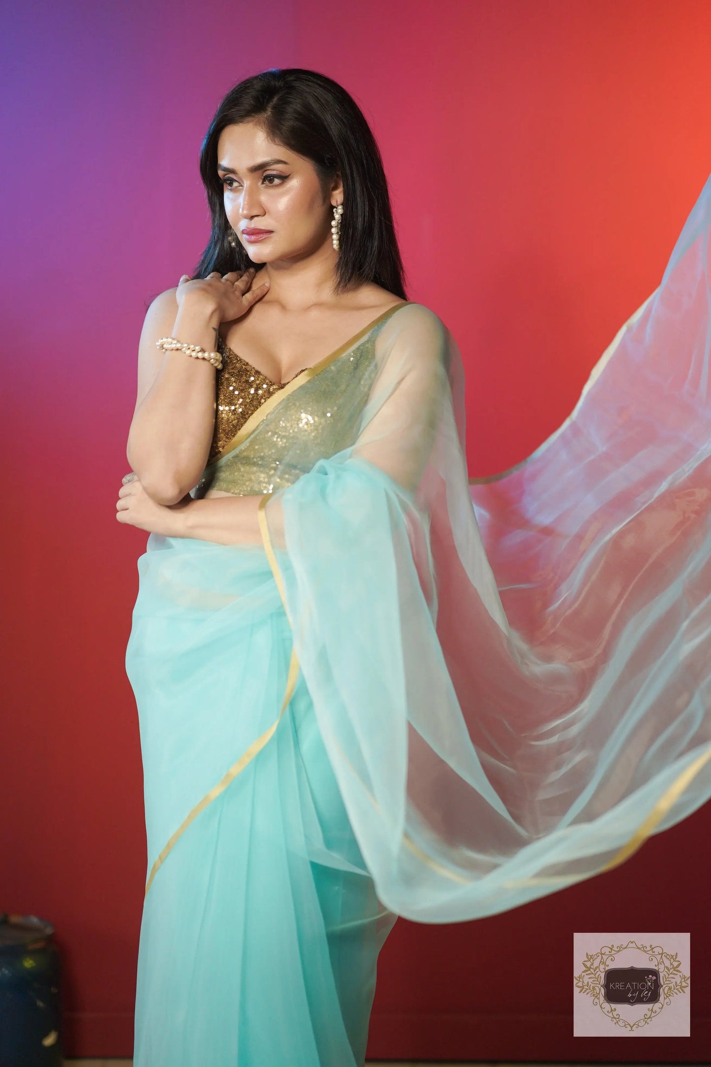 Ice Blue Organza Saree With Handmade Tassels On Pallu kreationbykj