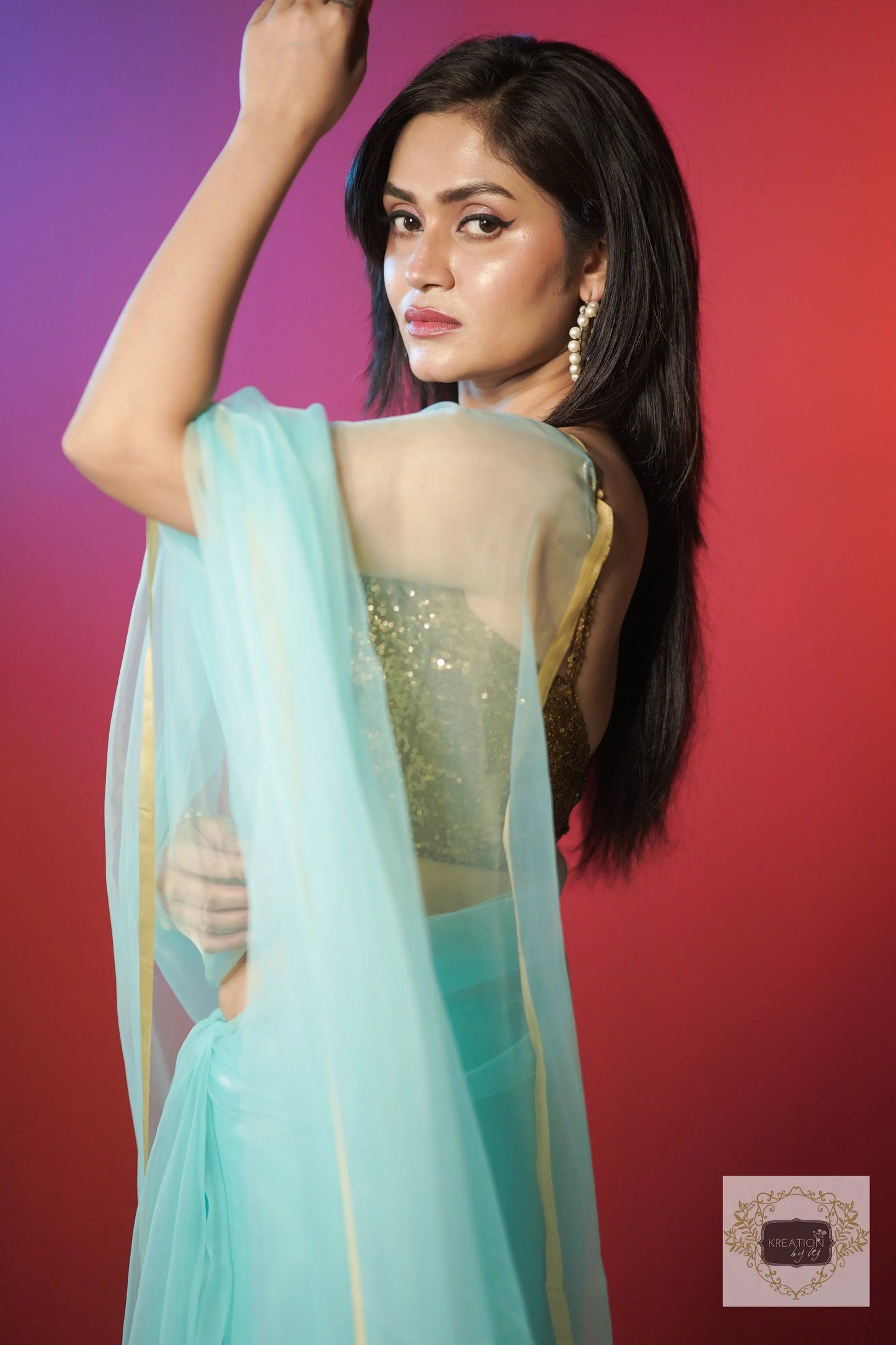 Ice Blue Organza Saree With Handmade Tassels On Pallu kreationbykj