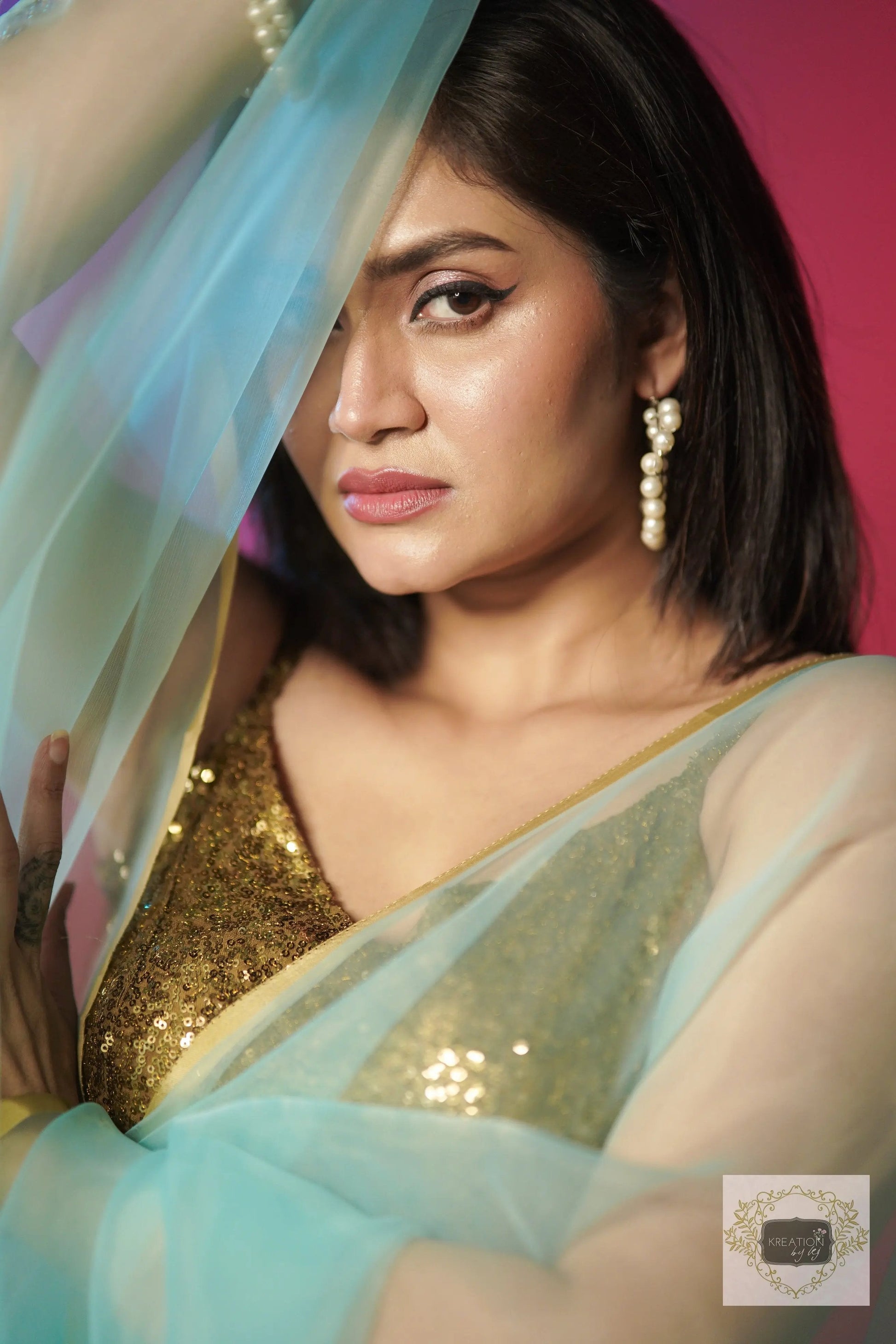 Ice Blue Organza Saree With Handmade Tassels On Pallu kreationbykj