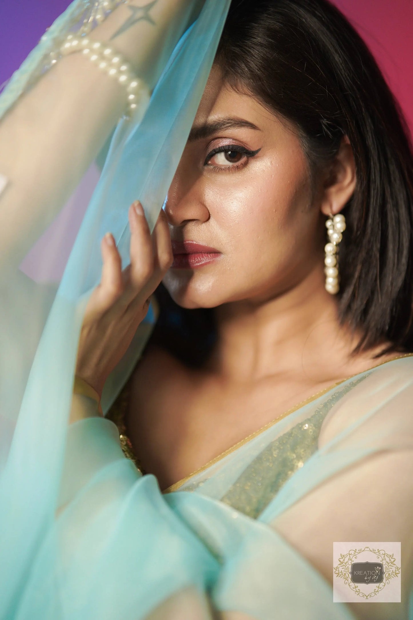 Ice Blue Organza Saree With Handmade Tassels On Pallu kreationbykj