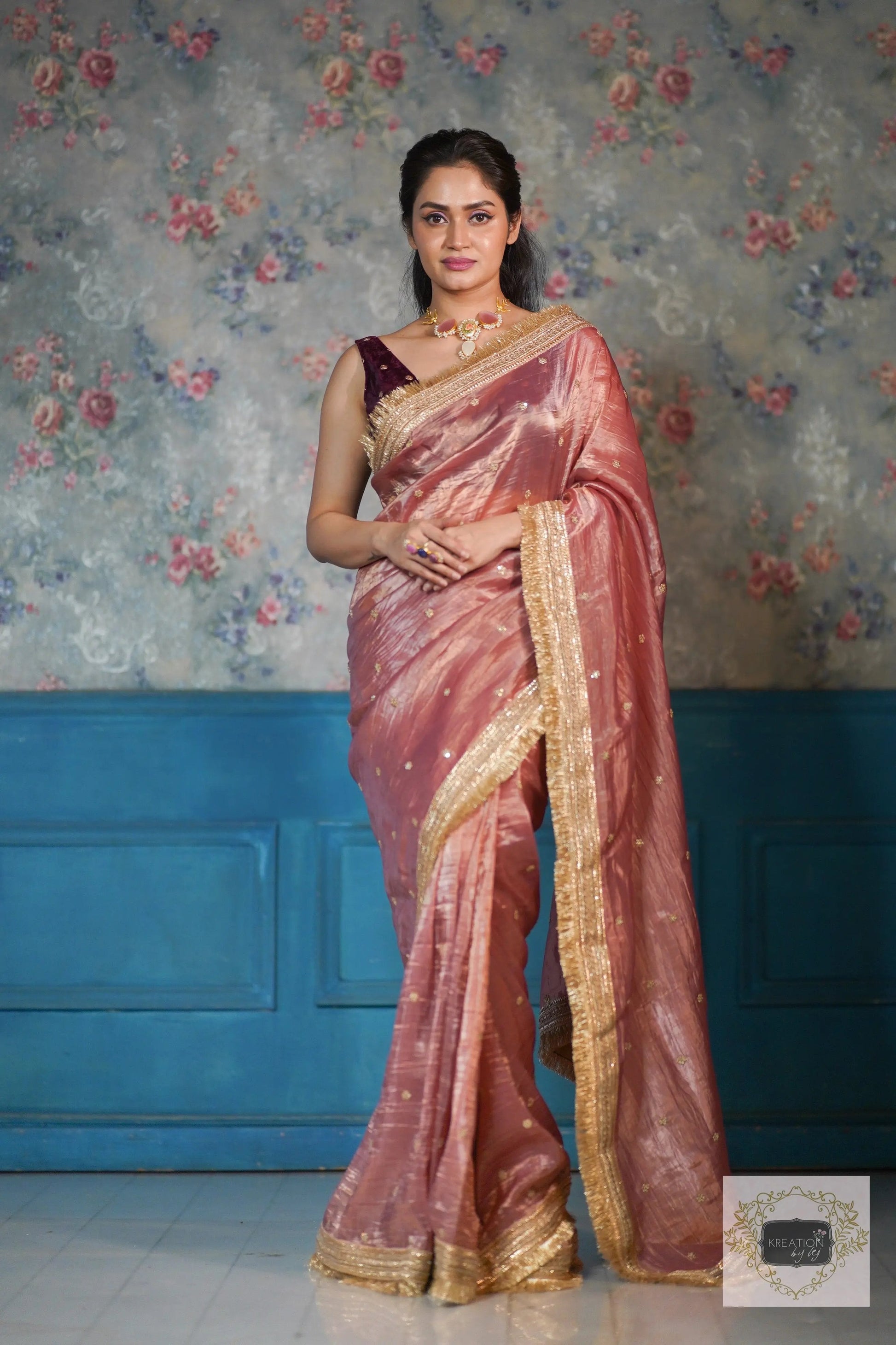 Salmon Pink Tissue Banno Saree kreationbykj