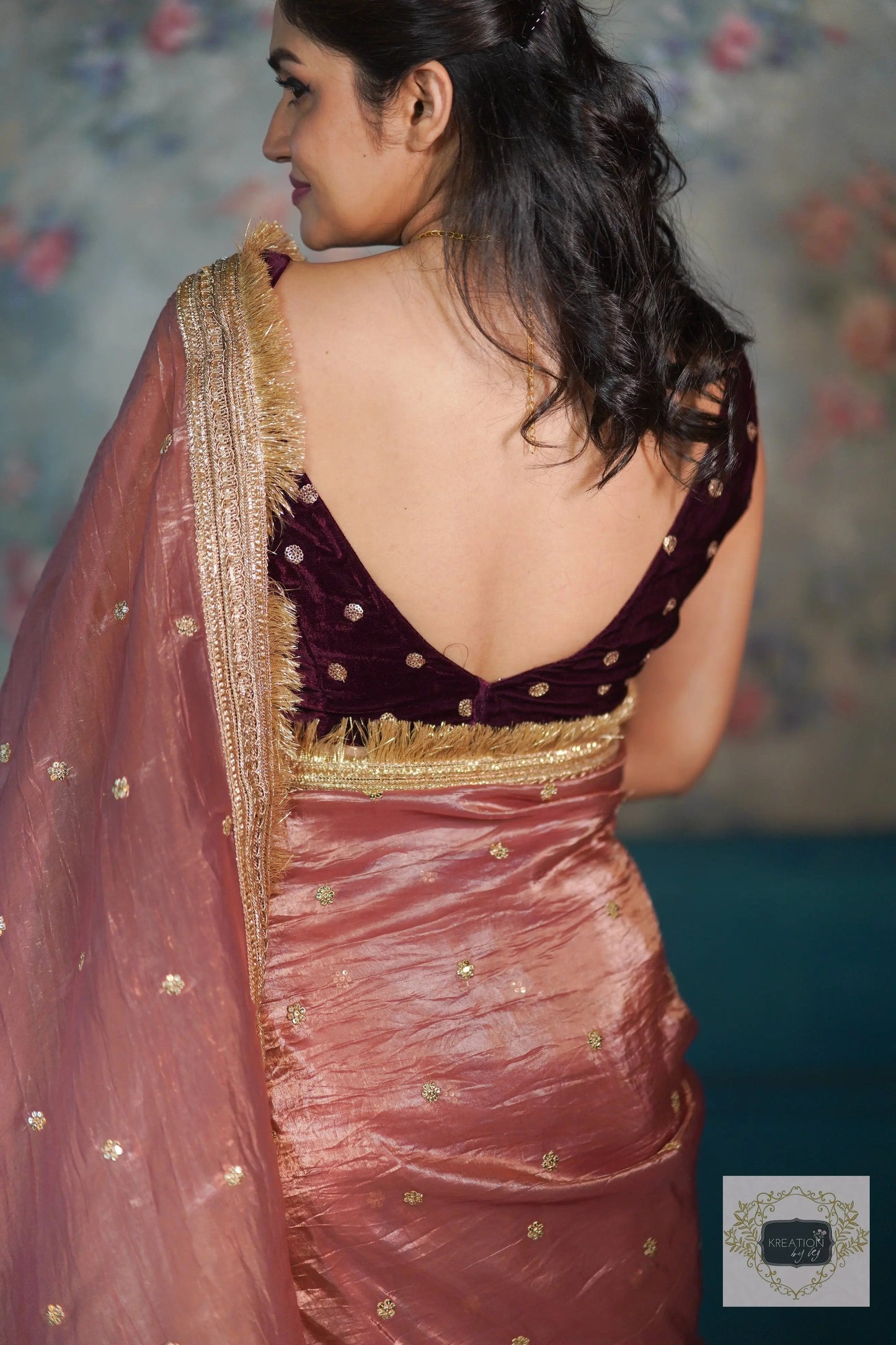 Salmon Pink Tissue Banno Saree kreationbykj