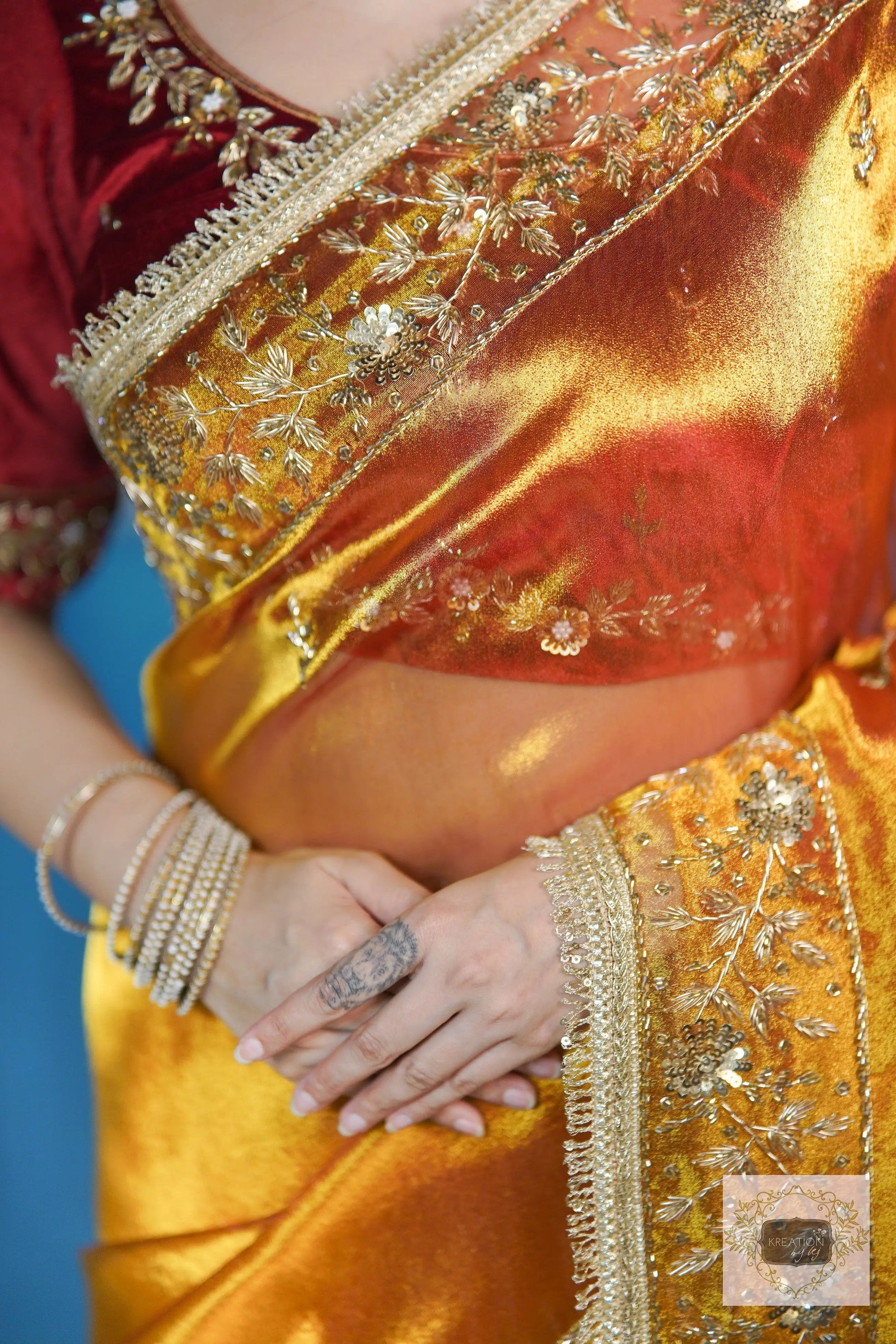 Fiery Gold Anaya Zari Tissue Saree for Bride kreationbykj