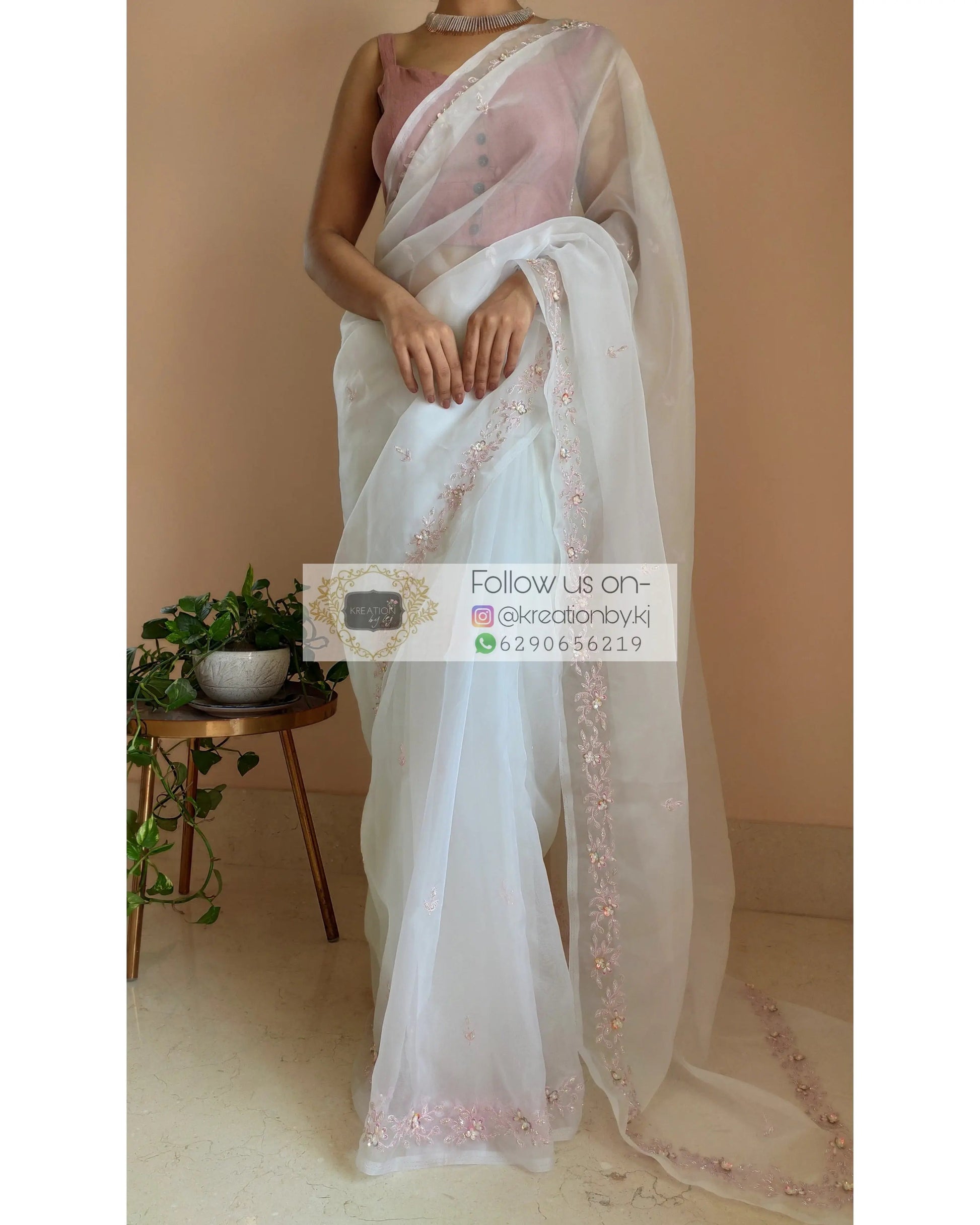 White Organza Silk Chandani Saree - kreationbykj