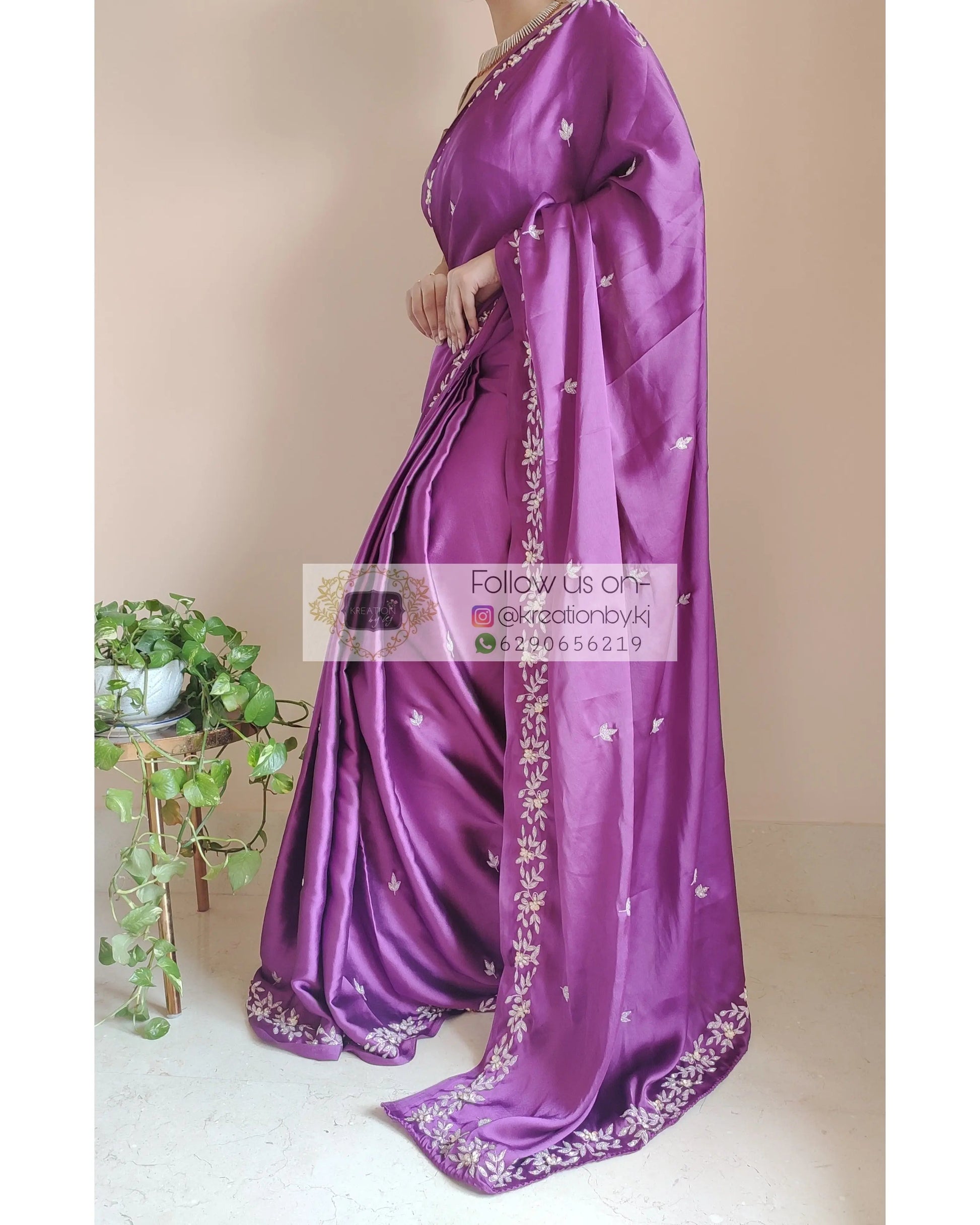 Dark Purple Satin Silk Chandani Saree - kreationbykj
