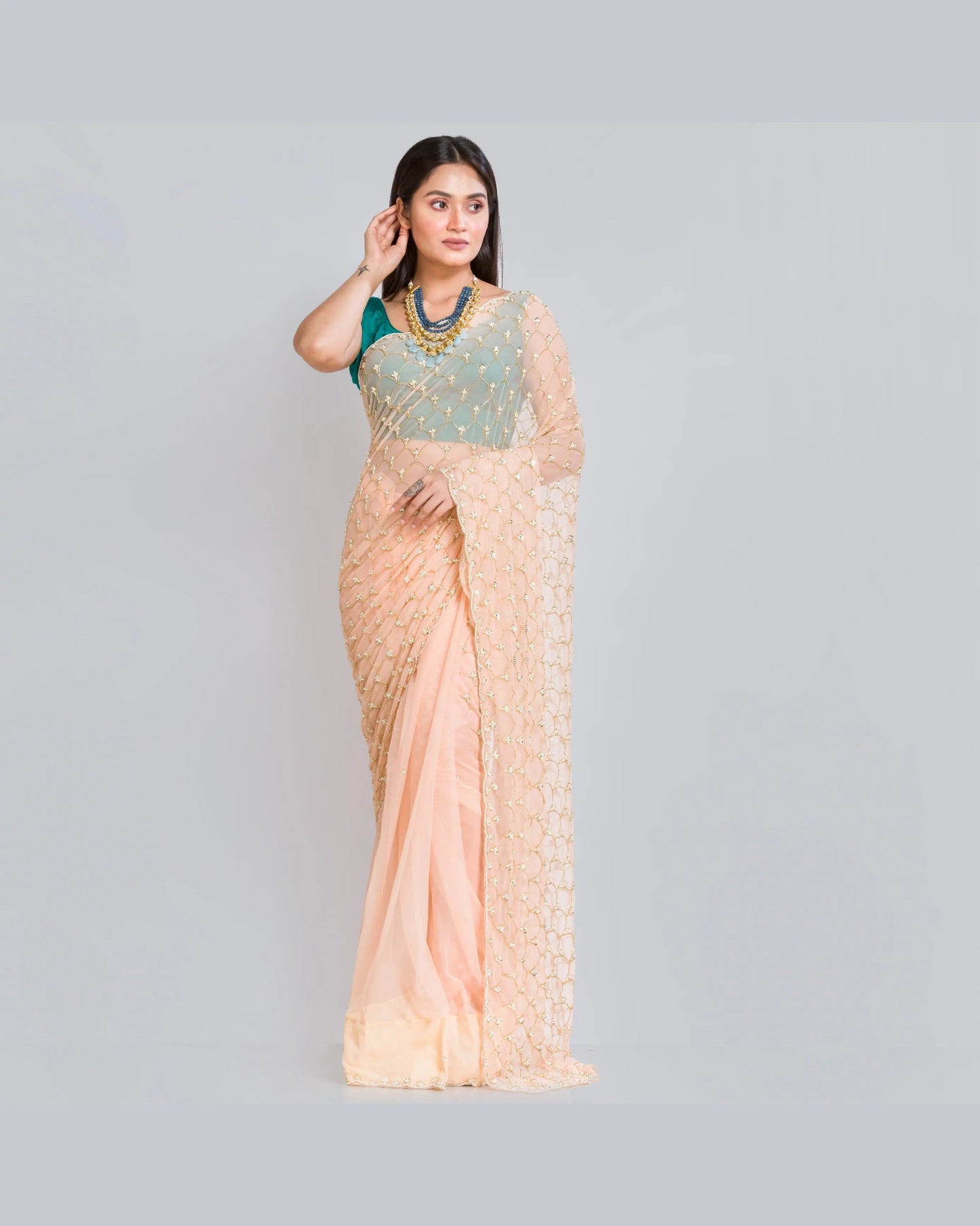 Peach Cutadana Mehraab Jaal Saree - kreationbykj