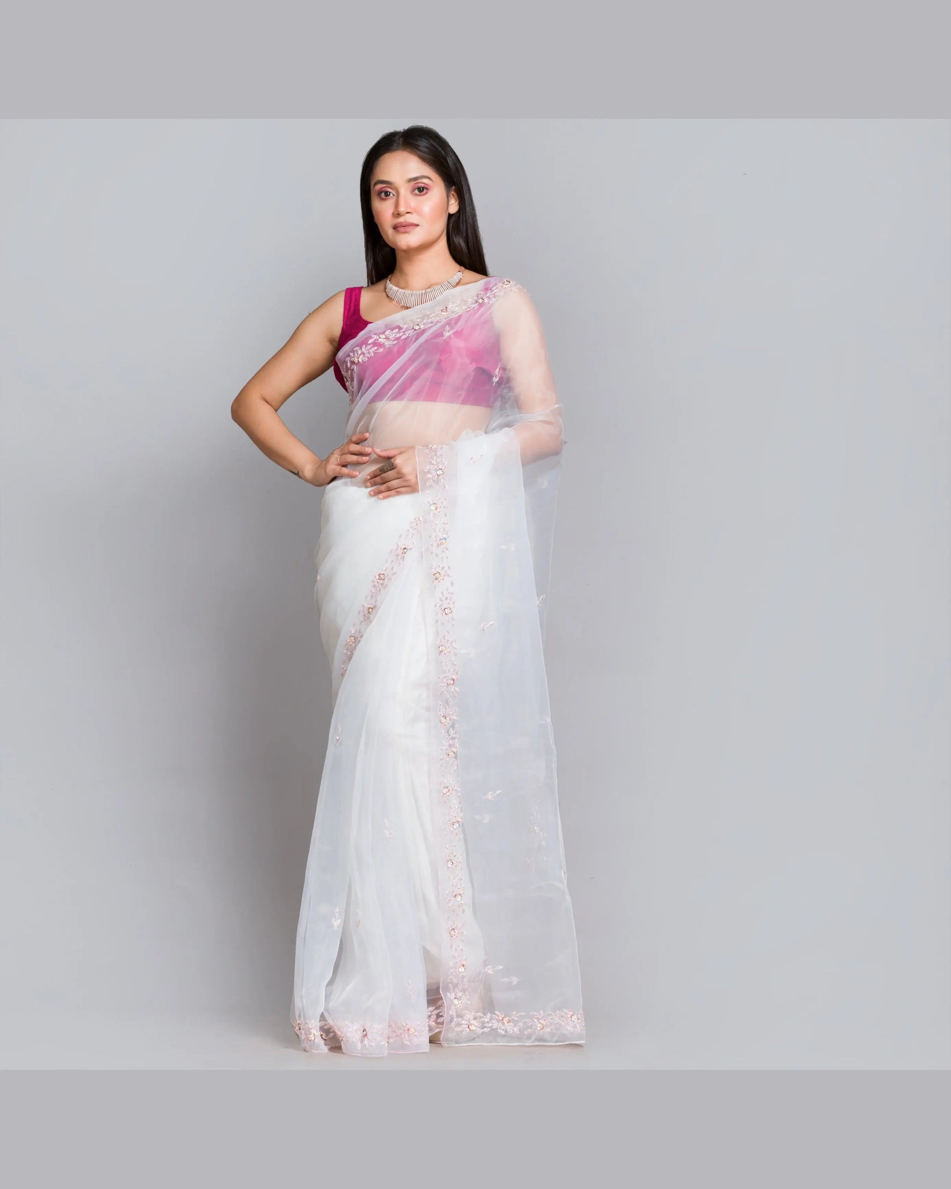 White Organza Silk Chandani Saree - kreationbykj
