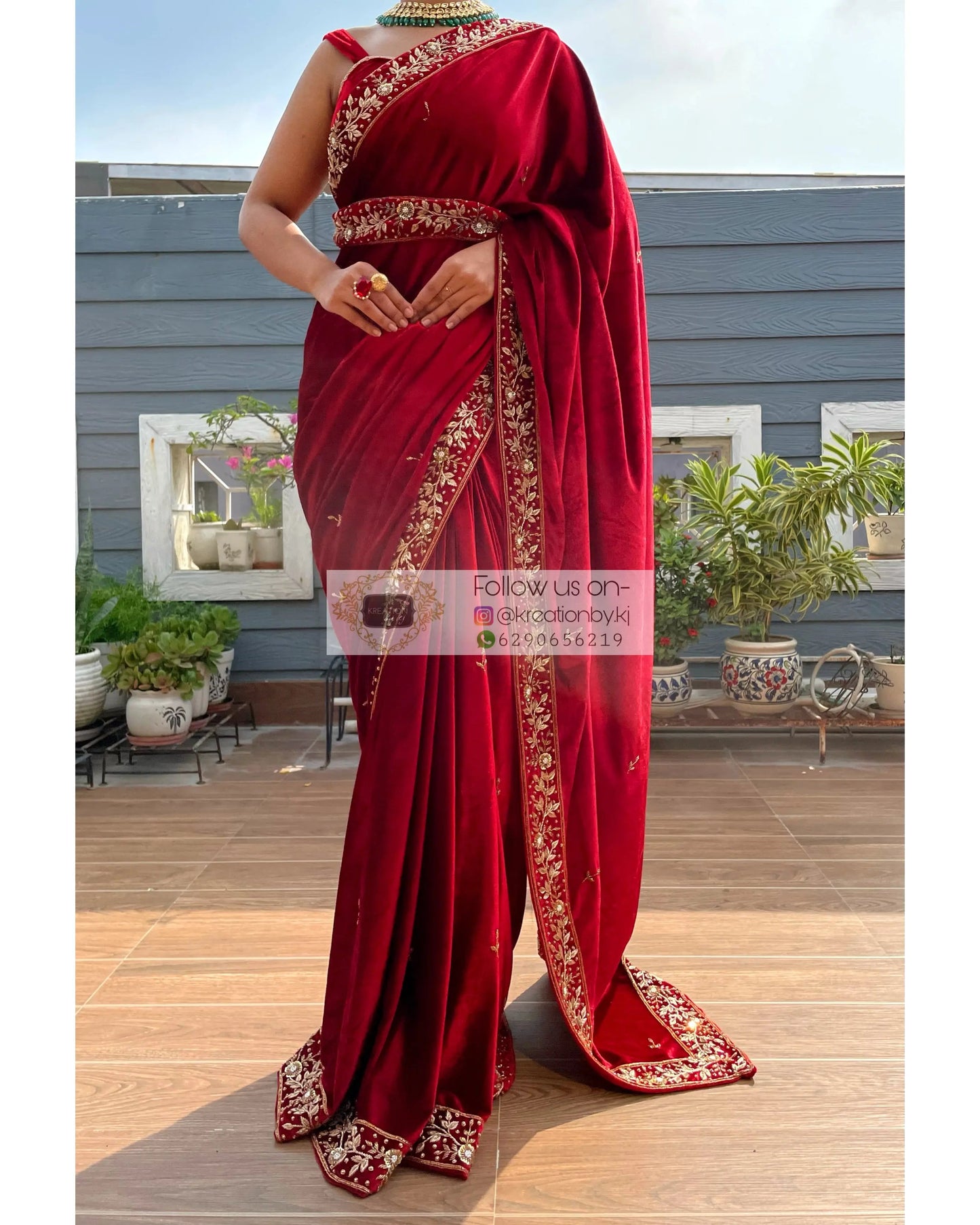 Anaya Maroon Velvet Saree with Belt - kreationbykj