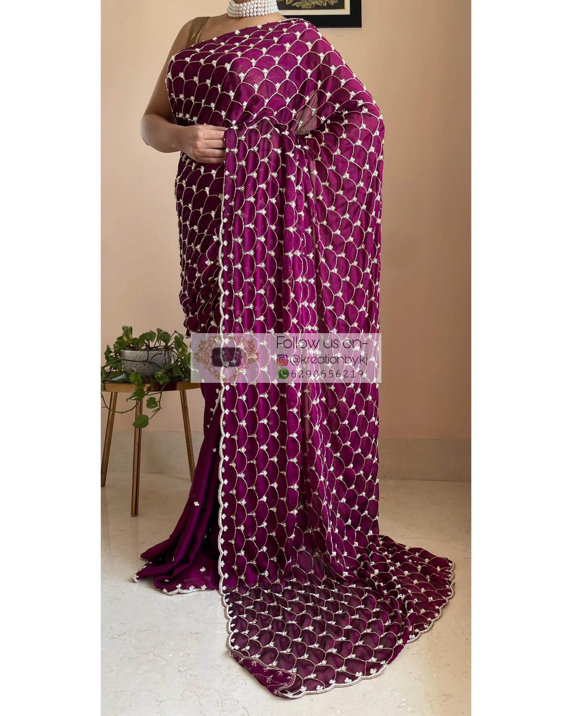 Wine Georgette Cutdana Mehraab Jaal Saree - kreationbykj