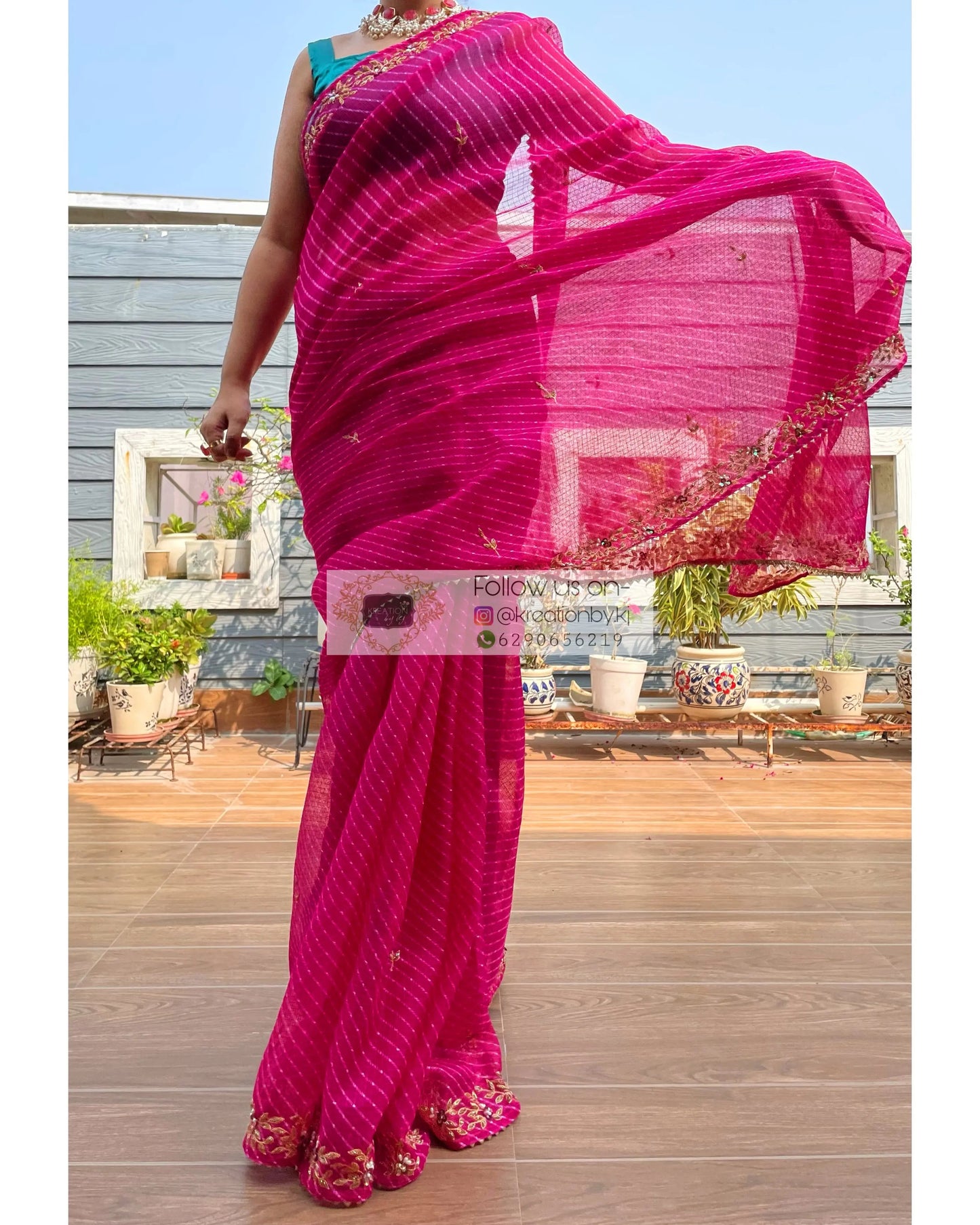 Hot Pink Chandani Leheriya Saree - kreationbykj