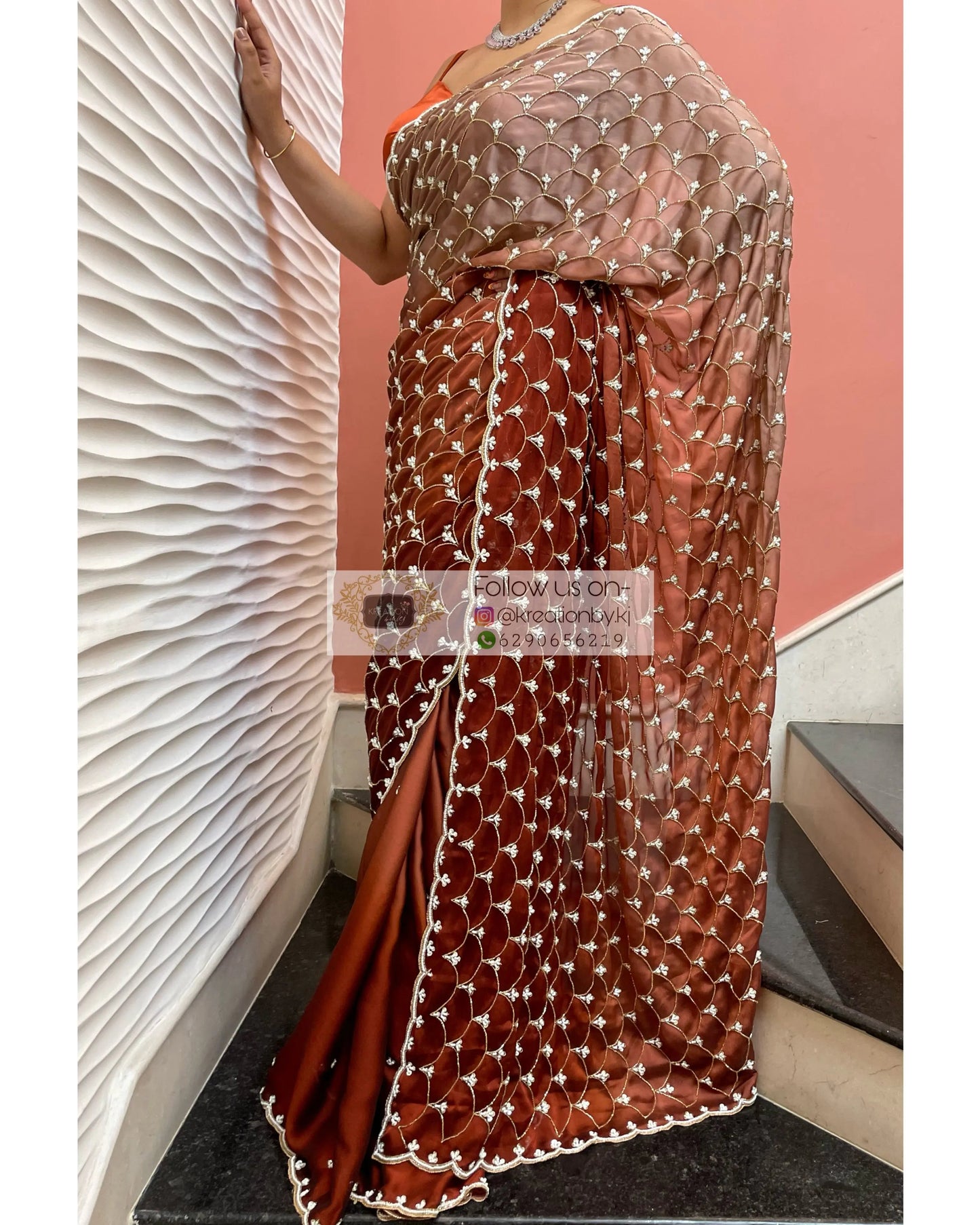 Espresso Martini Ombré Cutdana Mehraab Jaal  Designer Saree kreationbykj