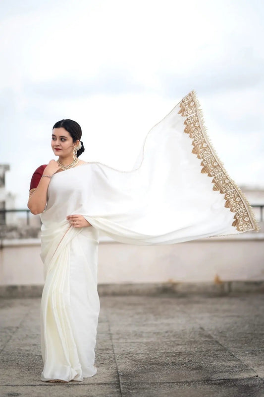 Cream Satin Silk Taj Mahal Saree - kreationbykj