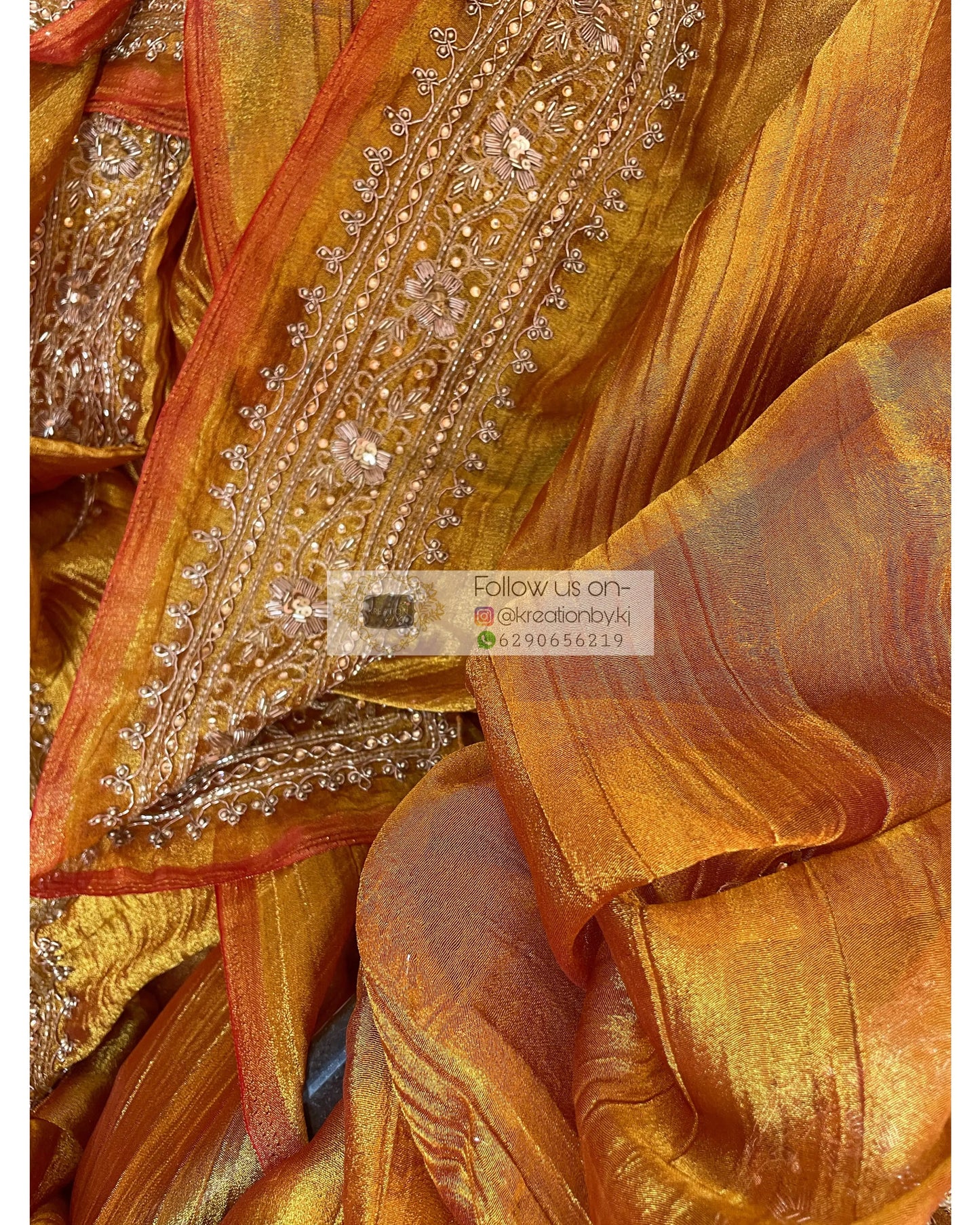 Fiery Gold Zari Tissue Zarina Saree kreationbykj