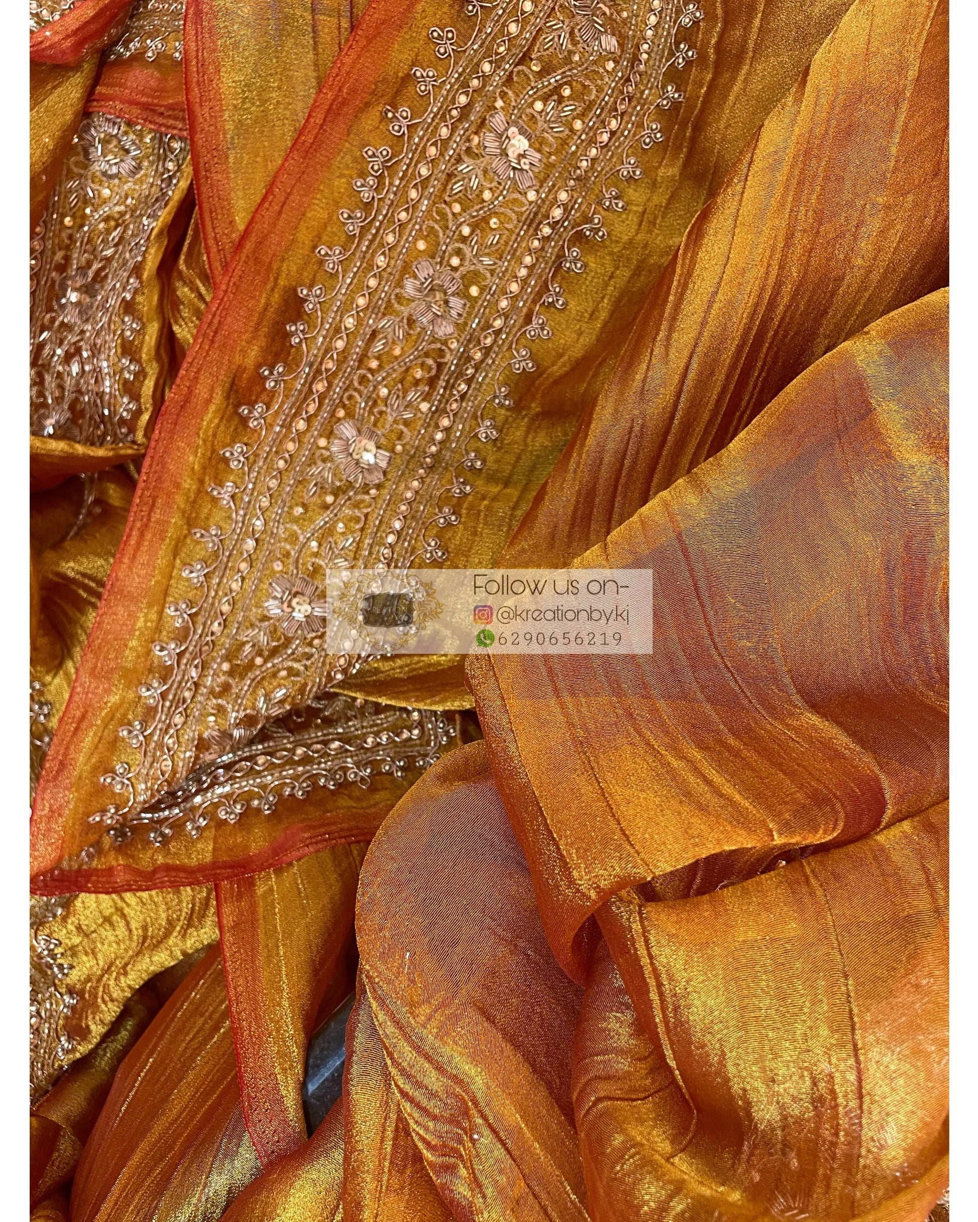Fiery Gold Zari Tissue Zarina Saree kreationbykj