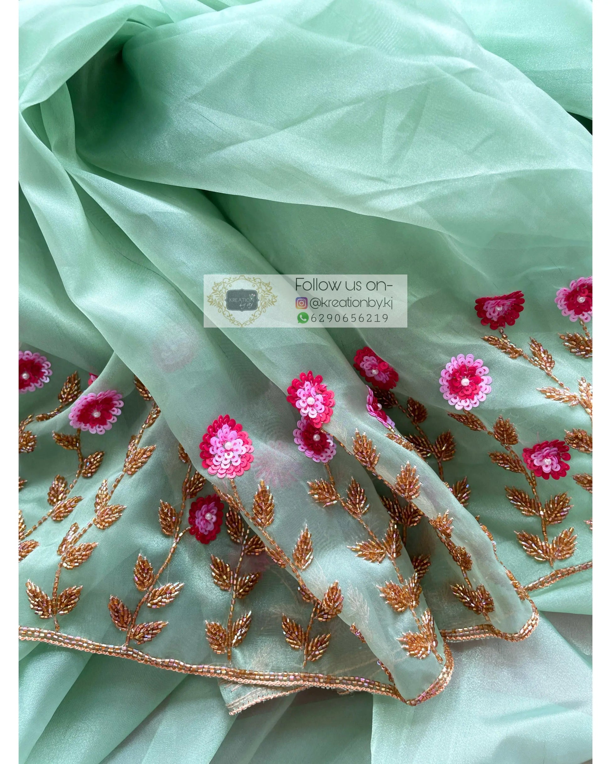 Blooming Daisies Mint Organza Saree - kreationbykj