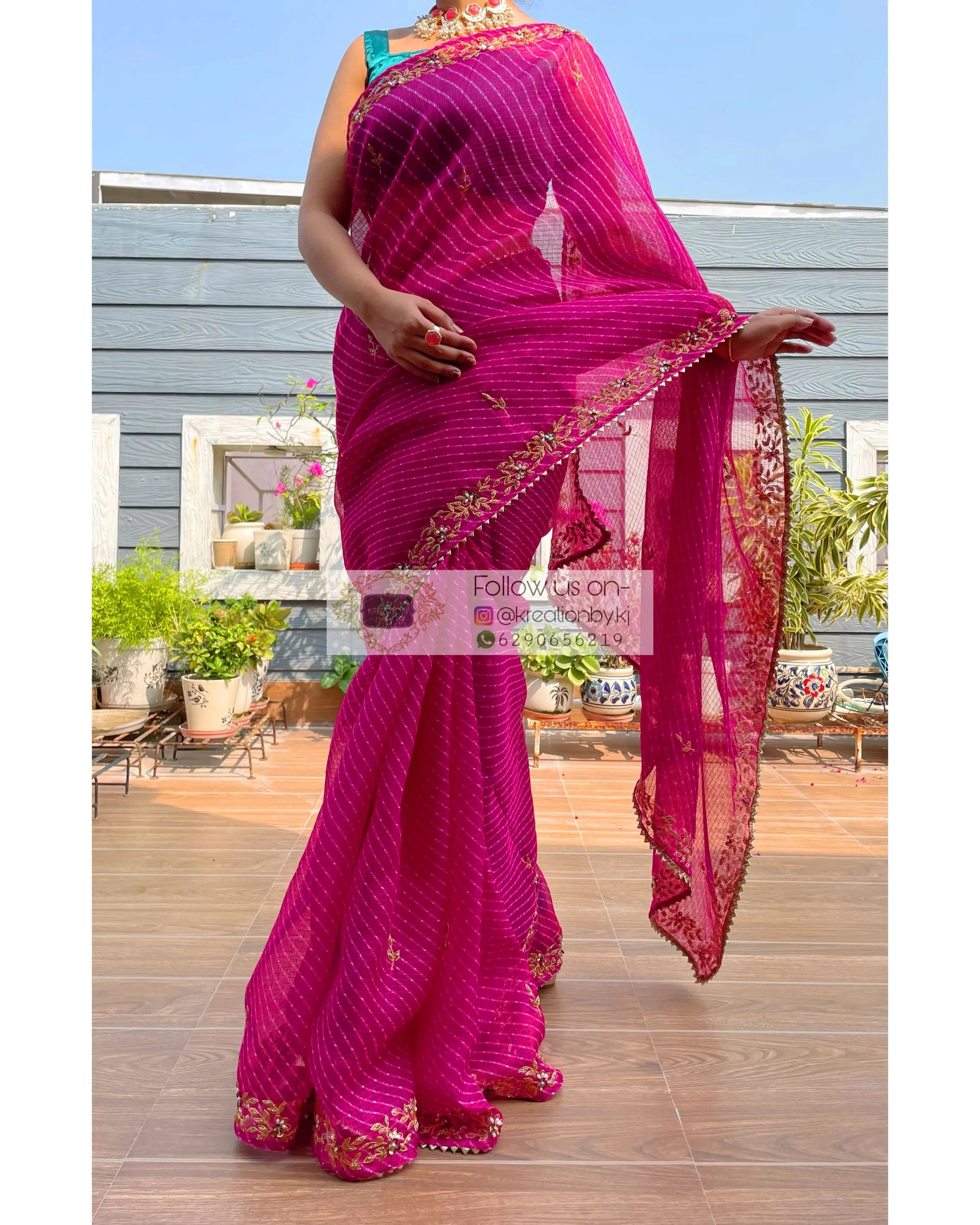 Hot Pink Chandani Leheriya Saree - kreationbykj