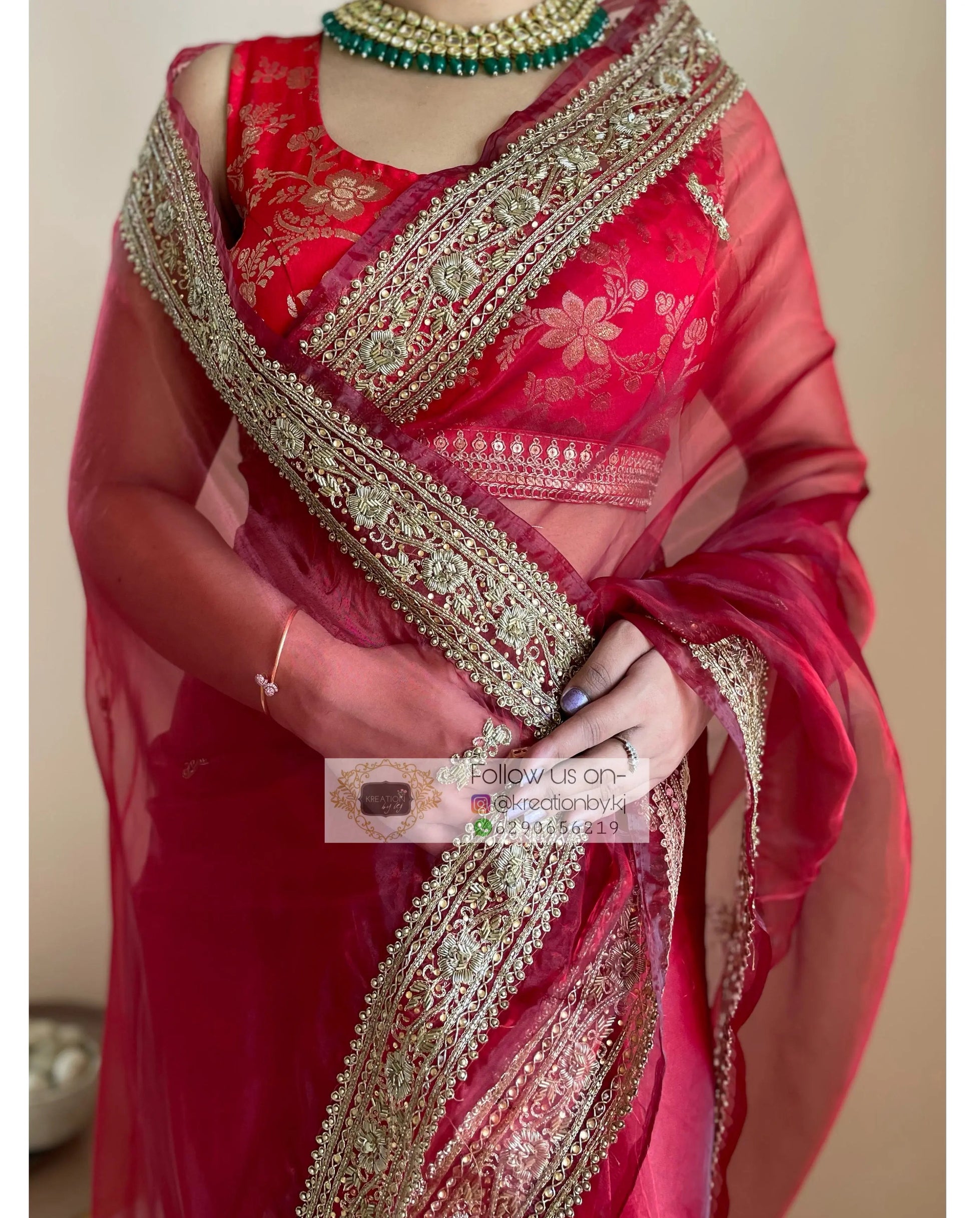 Red Glass Tissue Zarina Saree - kreationbykj