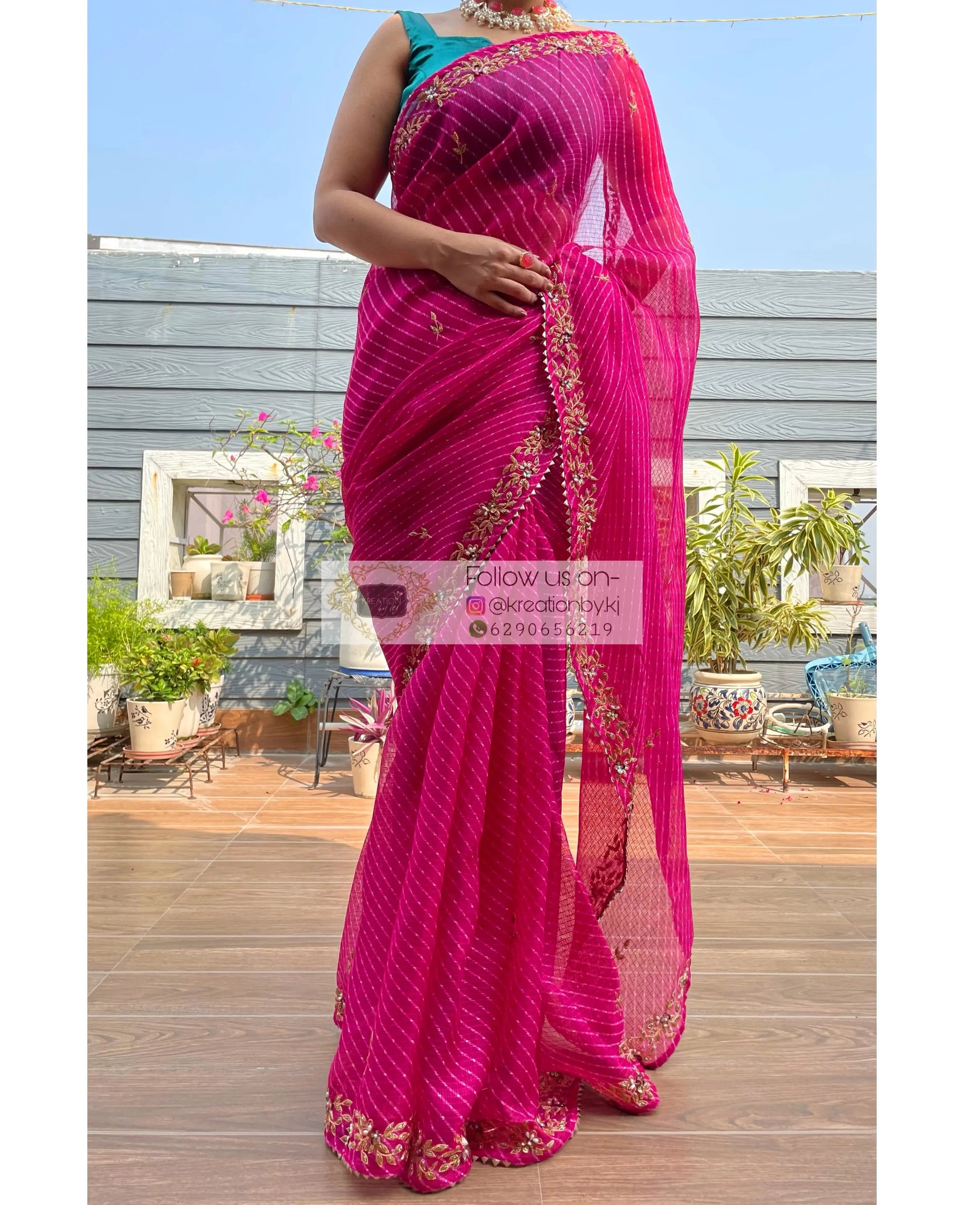 Hot Pink Chandani Leheriya Saree - kreationbykj