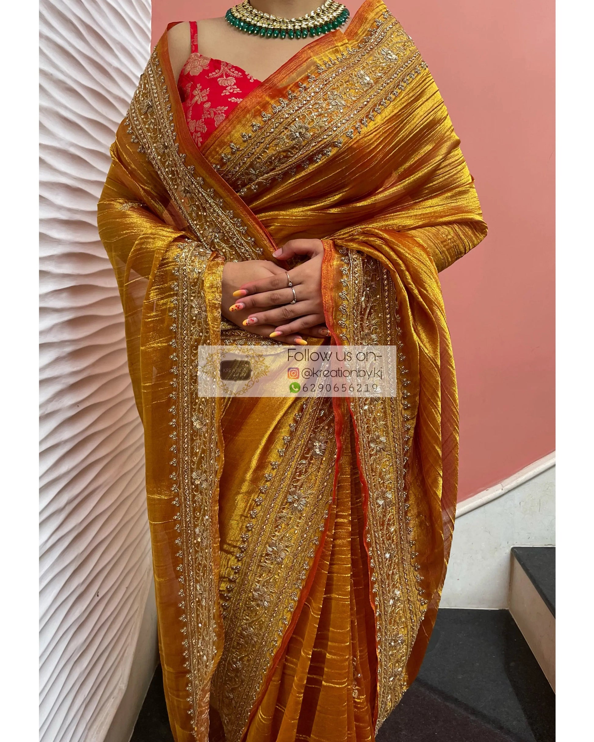 Fiery Gold Zari Tissue Zarina Saree kreationbykj