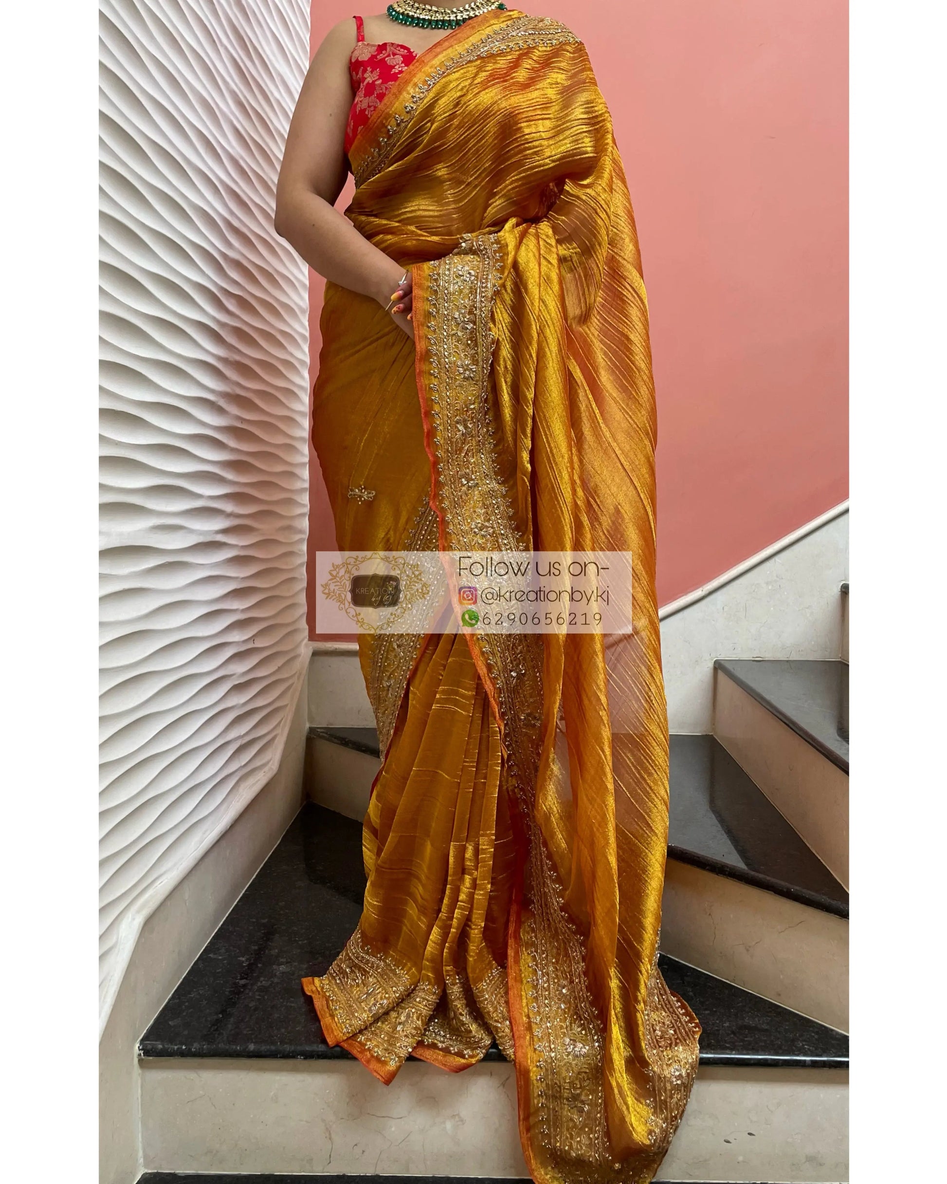 Fiery Gold Zari Tissue Zarina Saree kreationbykj