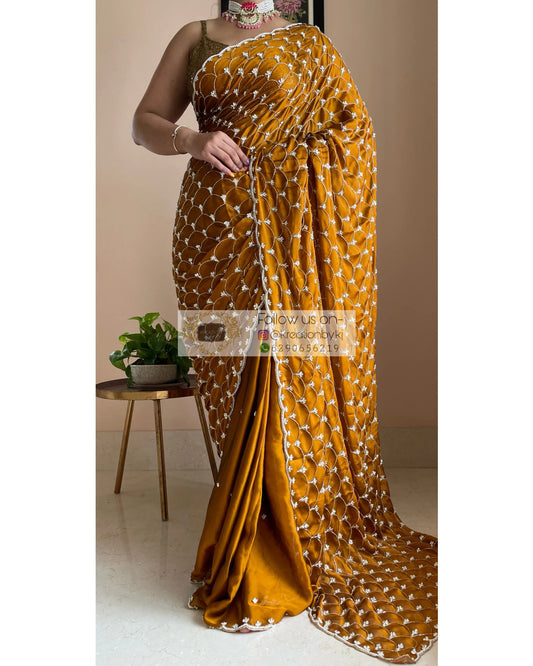 Mustard Golden Cutdana Mehraab Jaal Saree for Haldi kreationbykj