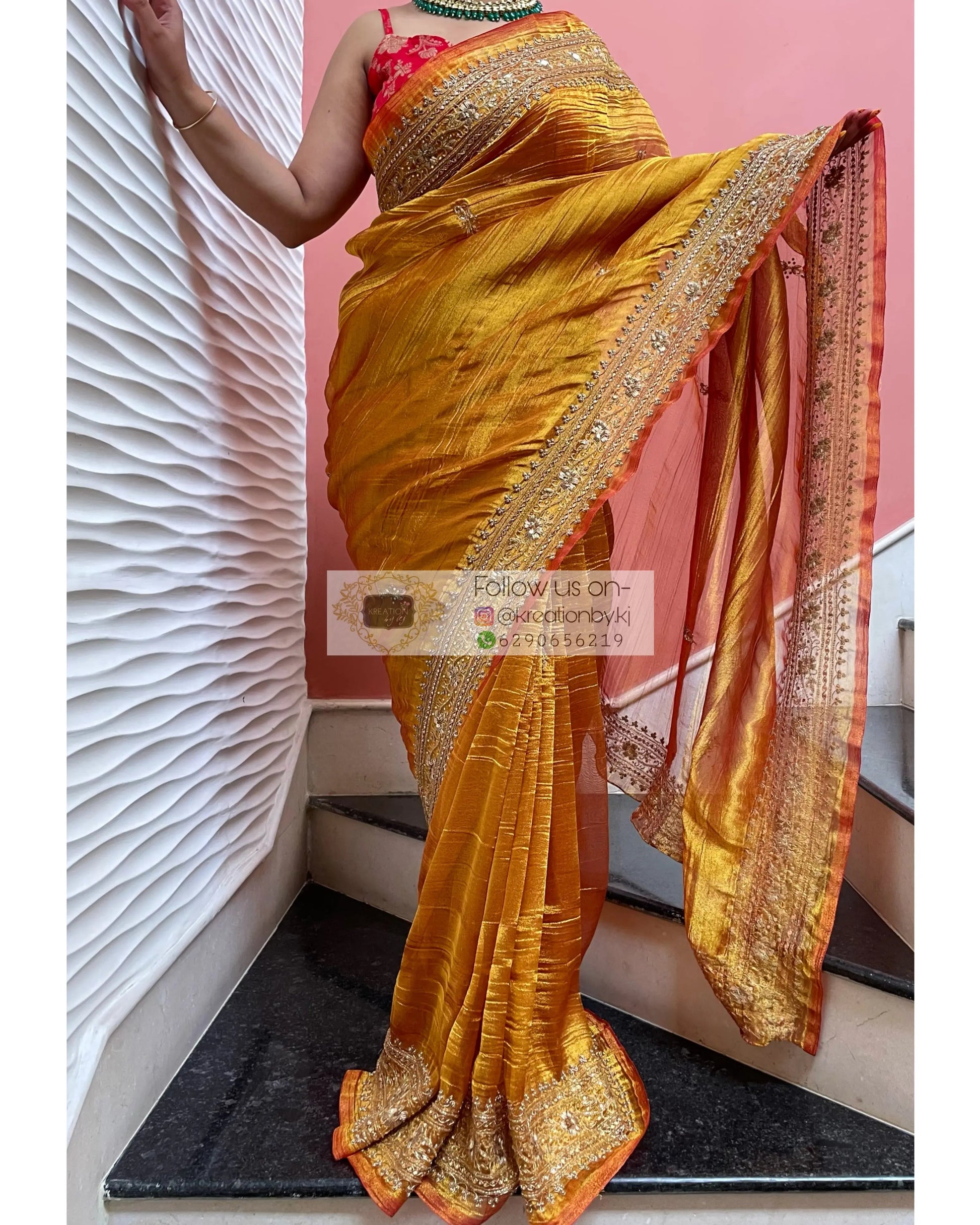 Fiery Gold Zari Tissue Zarina Saree kreationbykj