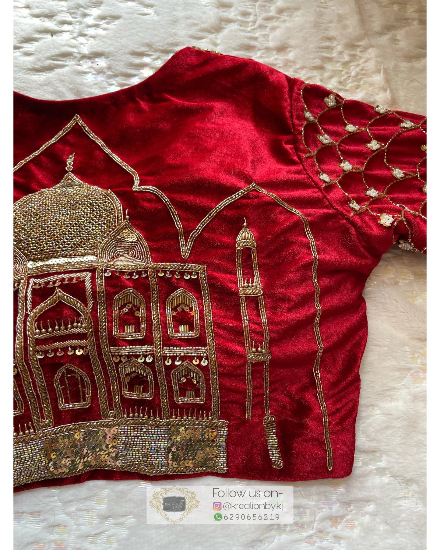 Maroon Velvet Taj Mahal Accent Blouse Piece