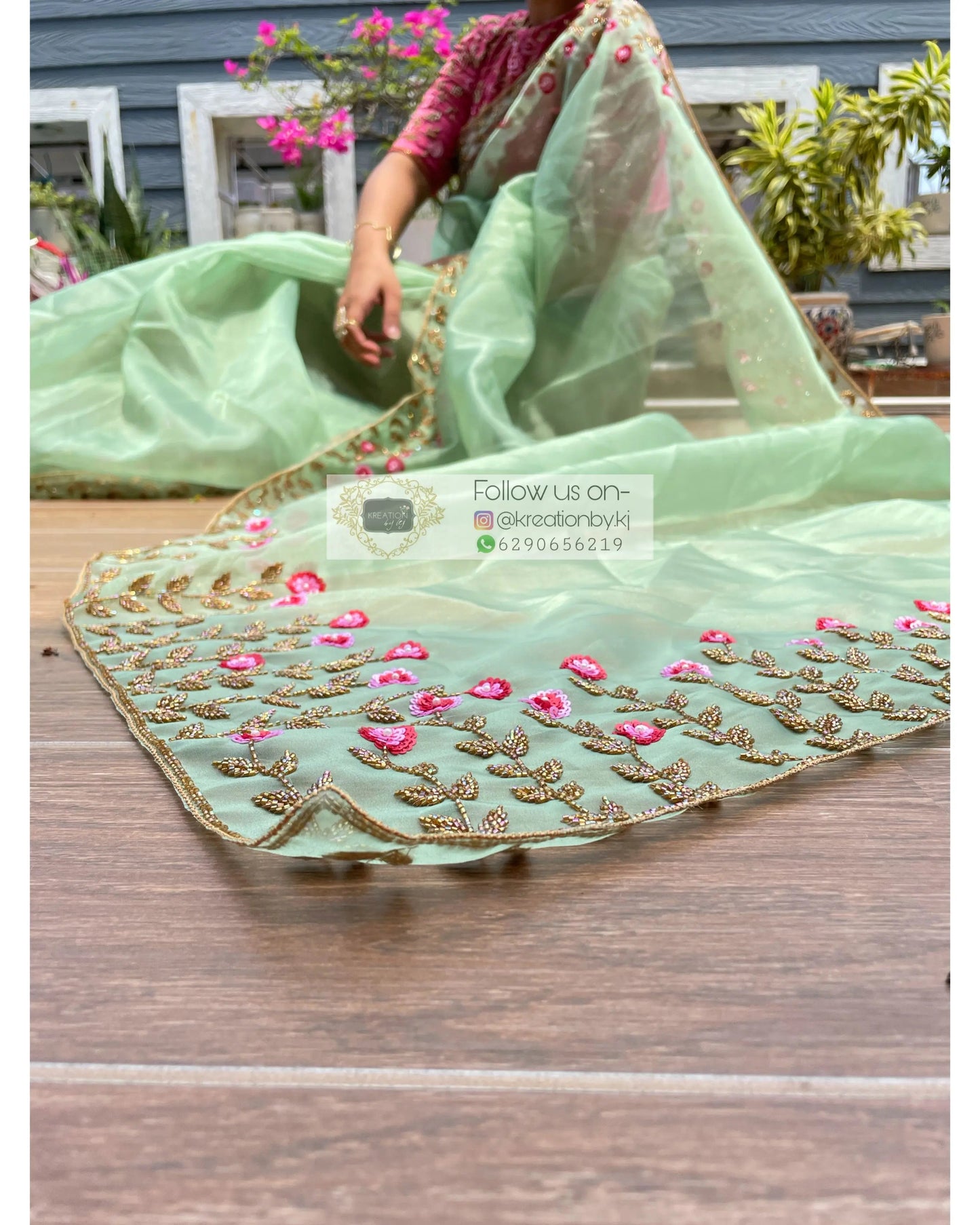 Blooming Daisies Mint Organza Saree - kreationbykj